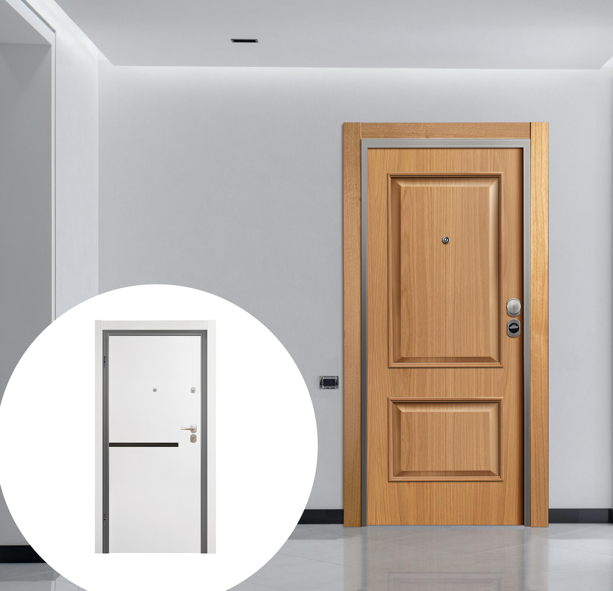 Puerta de entrada acorazada serie omega dos cuadros roble / interior denver carbon liso blanco apertura derecha 206x92cm