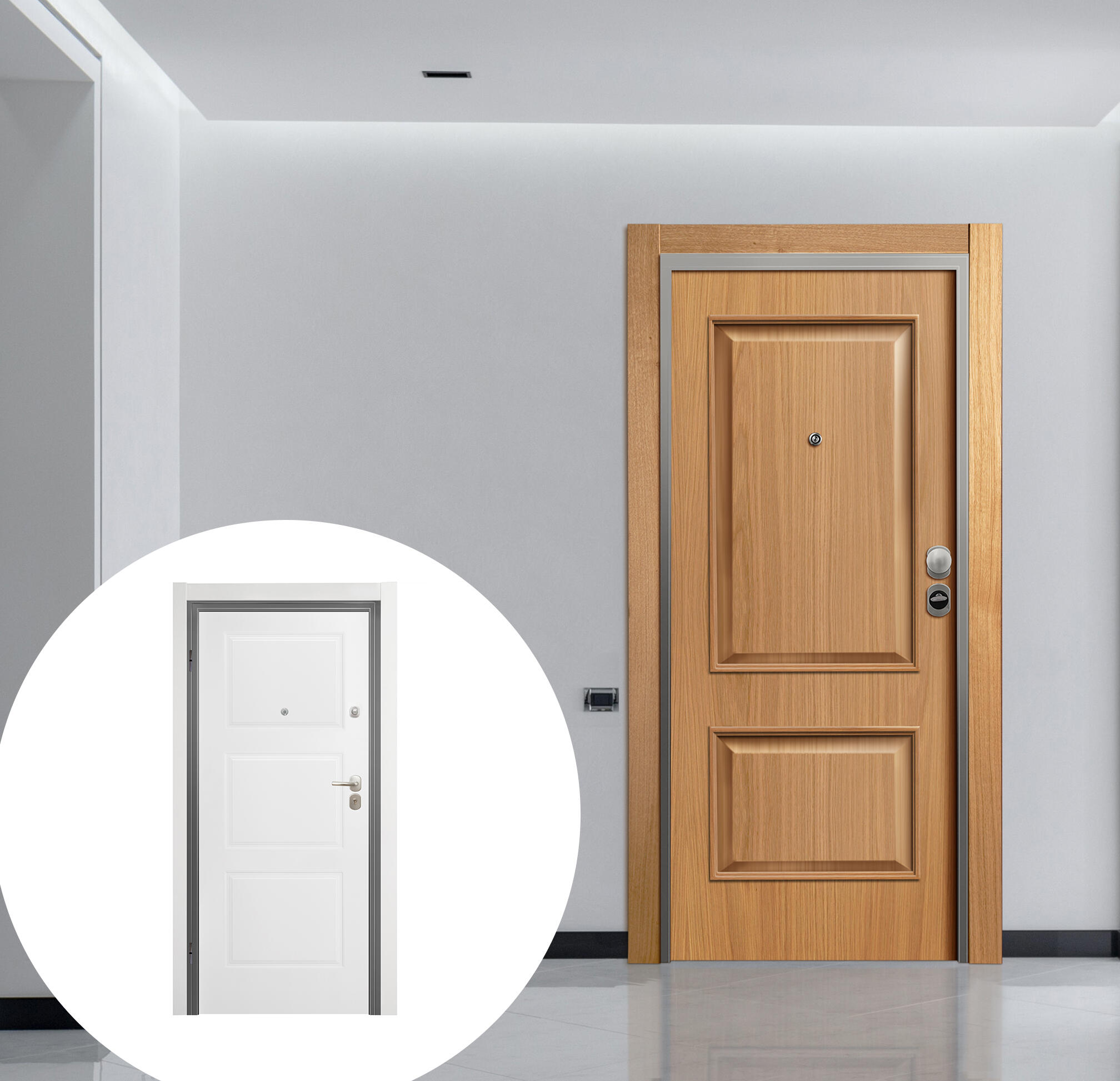 Puerta de entrada acorazada serie omega dos cuadros roble / interior monaco tres cuadros blanco apertura izquierda 206x92cm