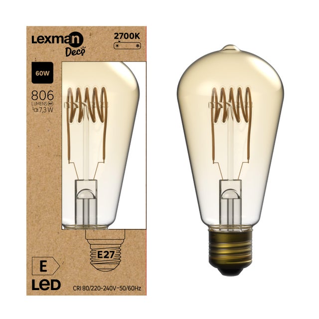 Ampoule led à filament décorative, Edison E27, 806lm = 60W, blanc chaud, LEXMAN
