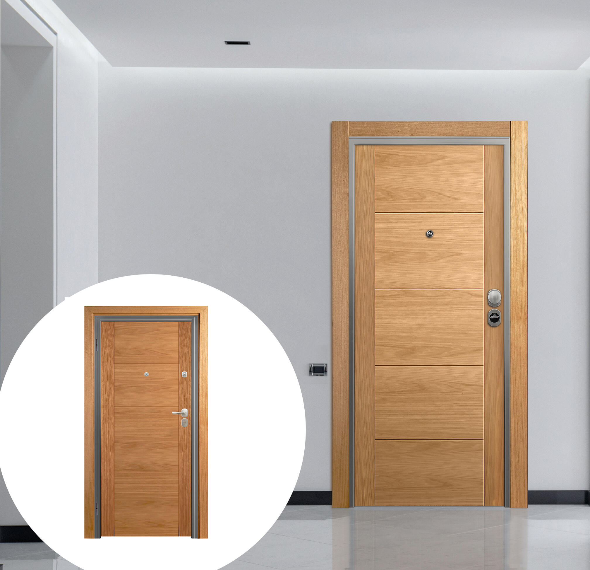 Puerta de entrada acorazada serie omega fresada roble / interior noruega fresada roble apertura izquierda 206x92cm