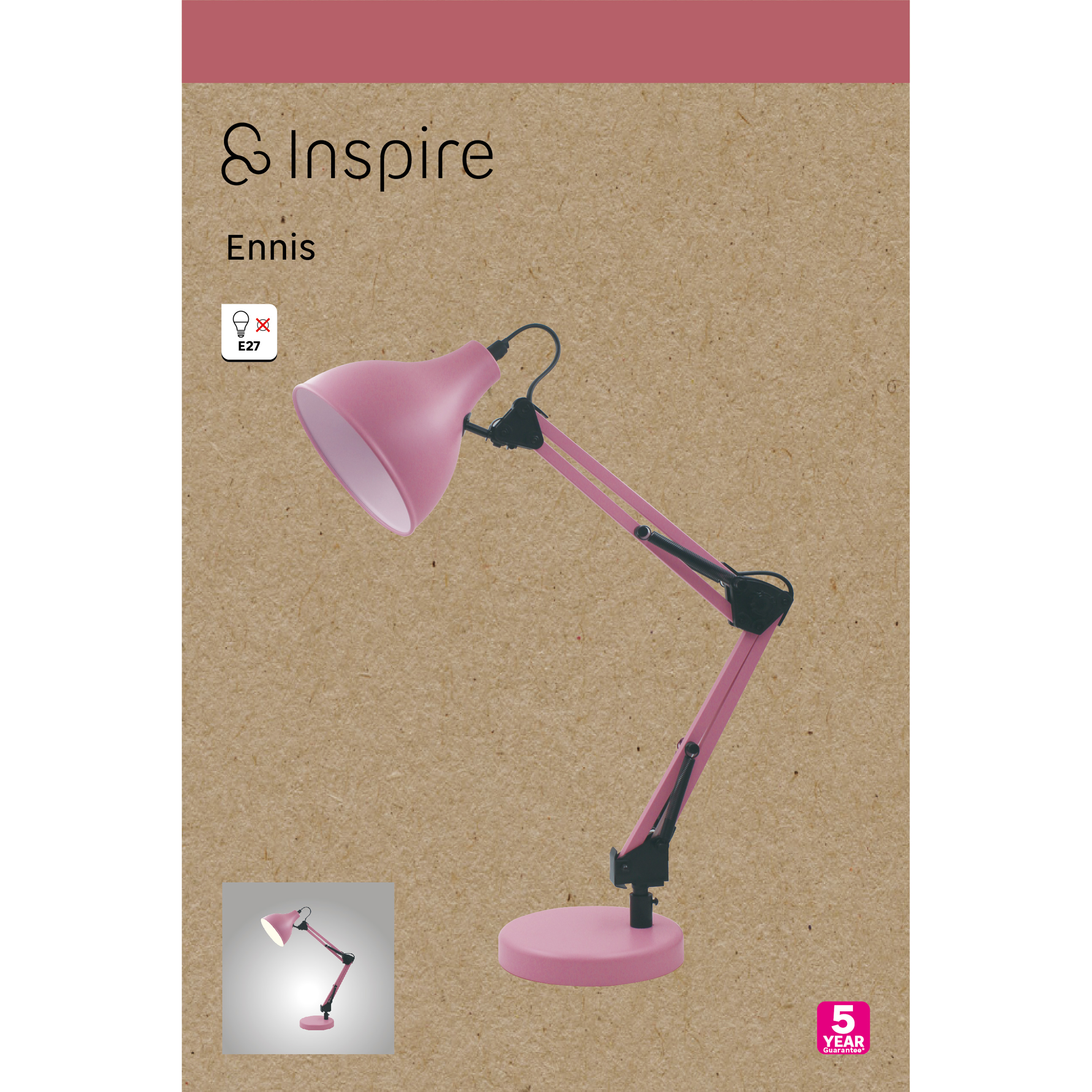 Lampe de bureau Ennis, fer, rose, H.55 cm INSPIRE, E27 - 5
