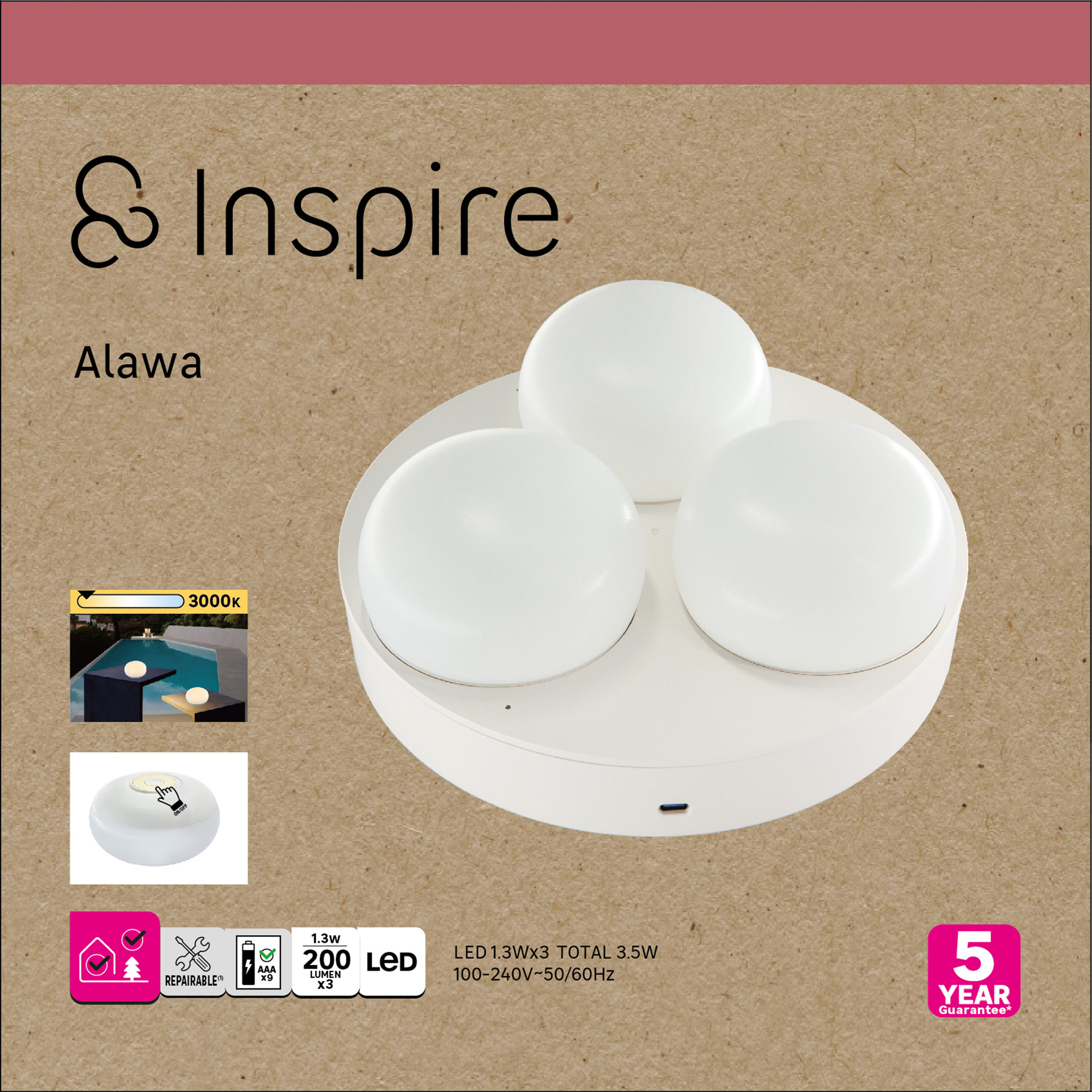 Pack 3 Lámparas de mesa recargables y sin cables LED Alawa INSPIRE con estructura beige pantalla blanca luz cálida 3000K Ø de 21 cm - 8