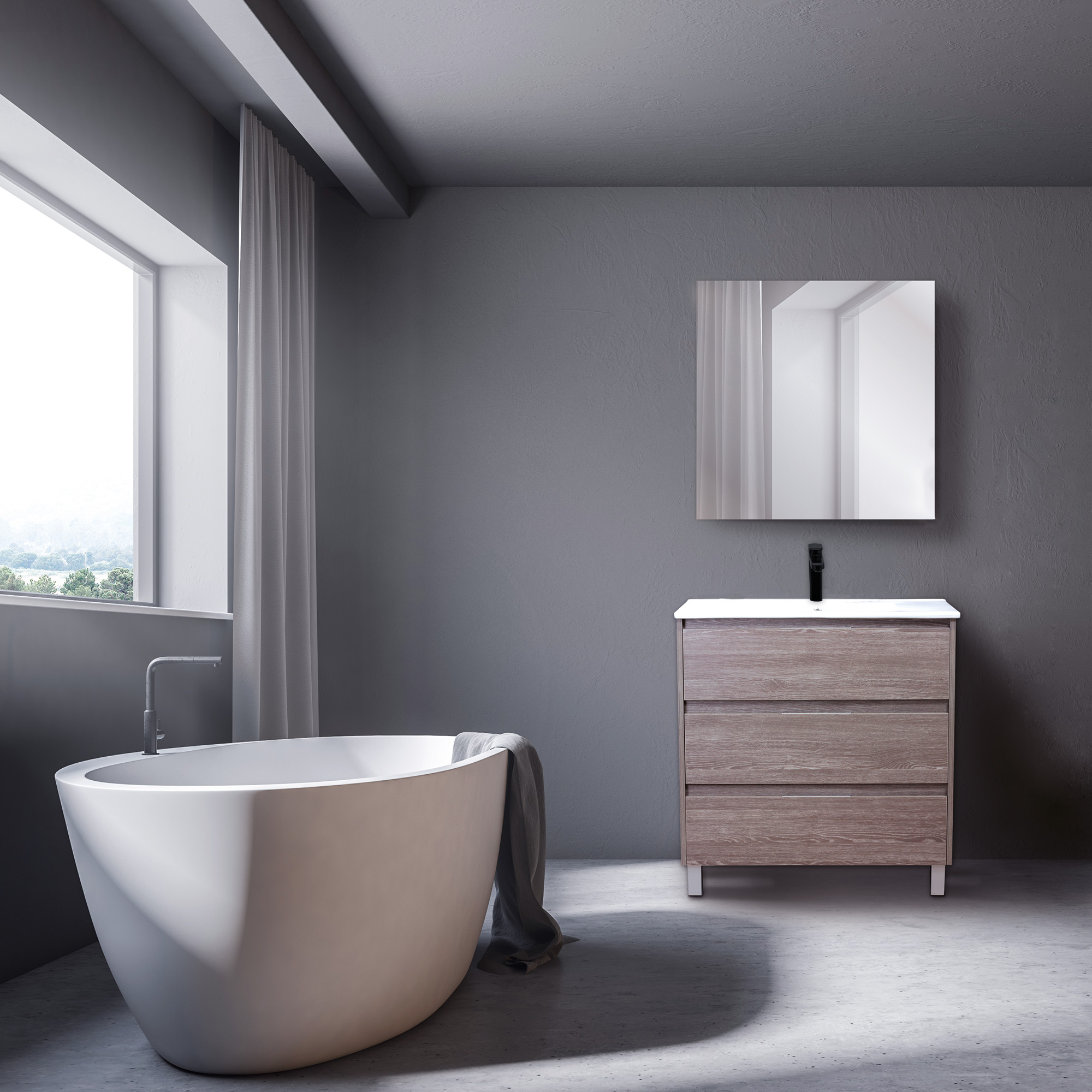 Mueble de baño con lavabo y espejo guano roble 80x46 cm