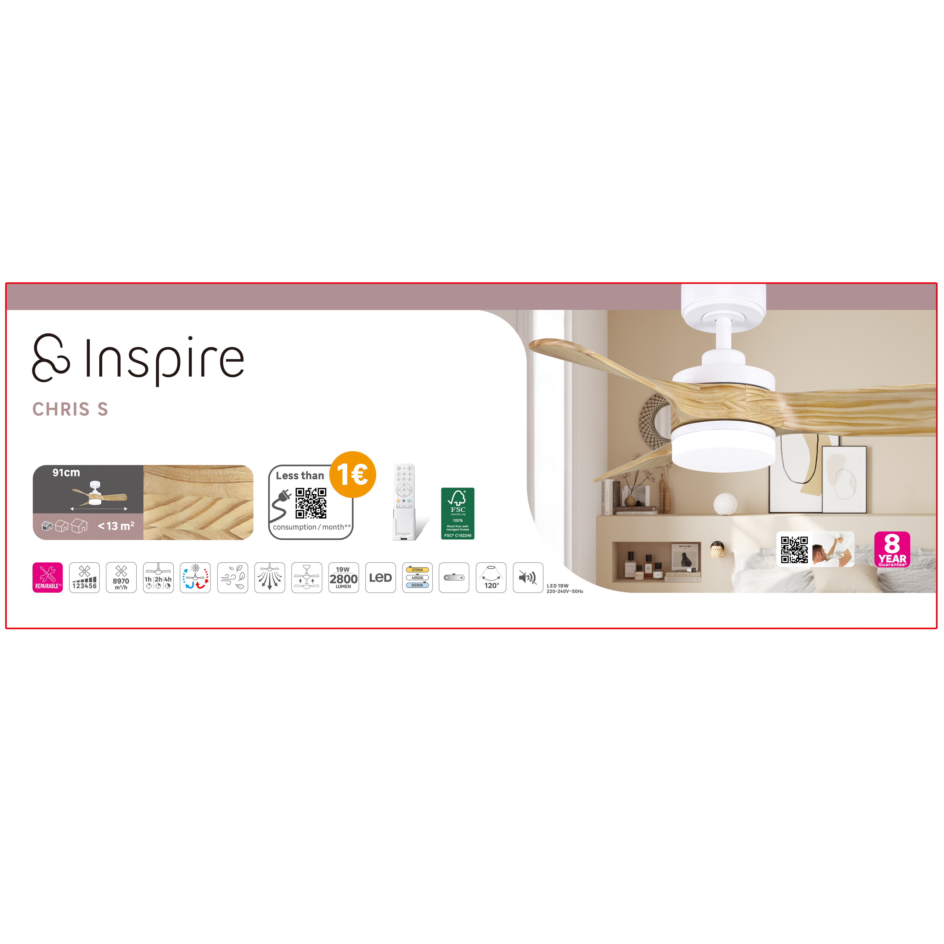 Ventilador de techo con luz silencioso DC Inspire Chris beige/blanco 91 cm - 13