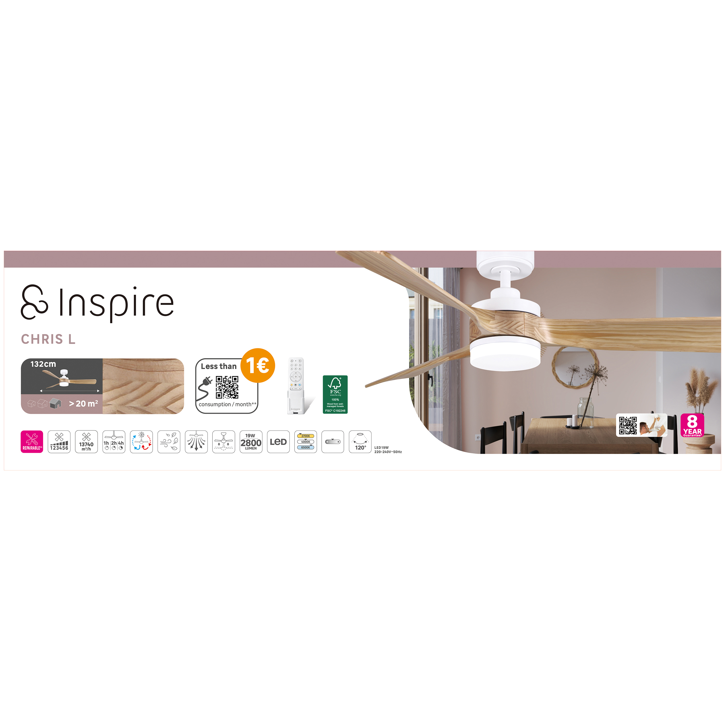 Ventilador de techo con luz silencioso DC Inspire Chris beige/blanco 132 cm - 10