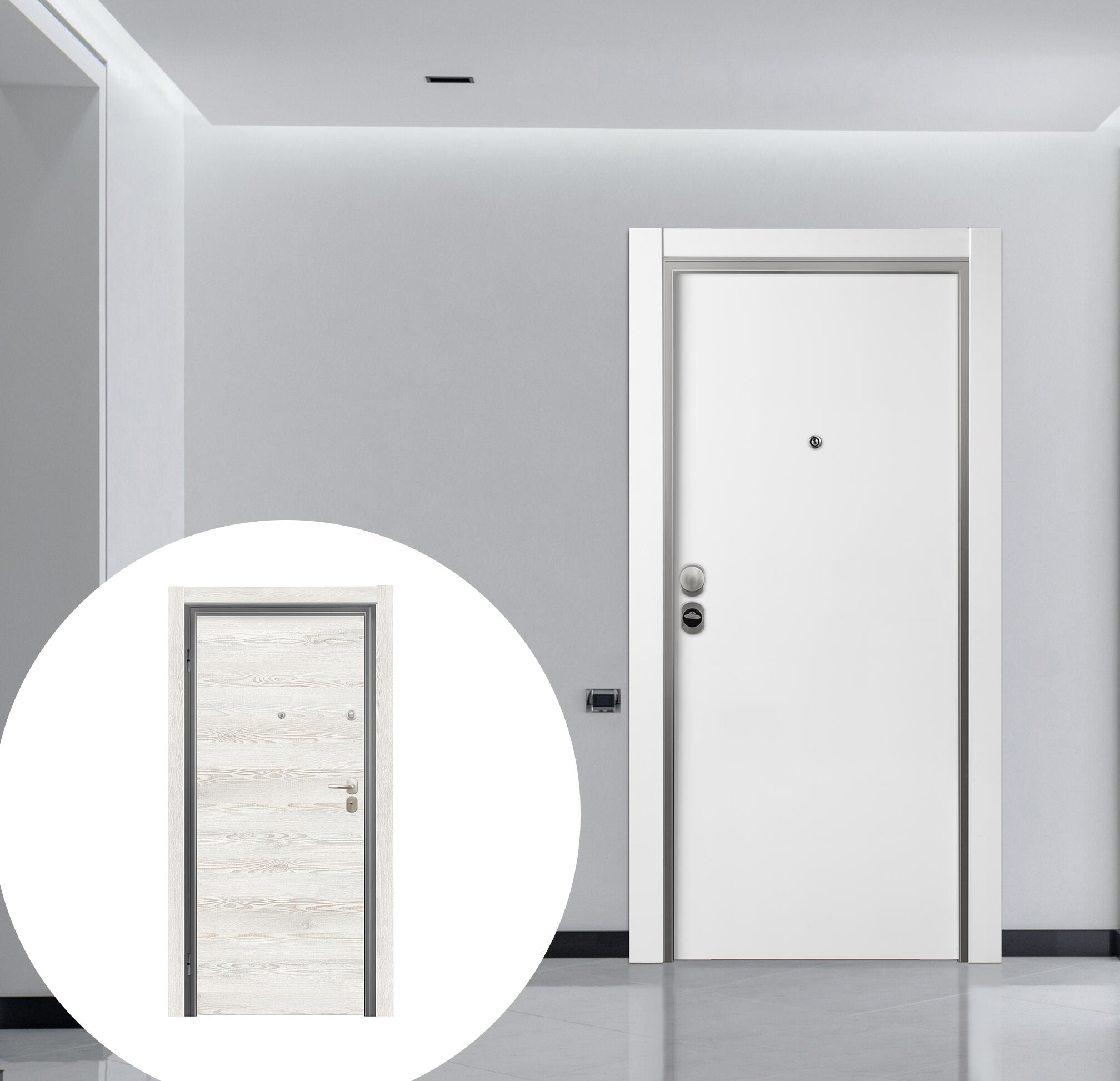 Puerta de entrada acorazada serie omega liso blanco / interior oslo liso pino blanco apertura derecha 206x92cm
