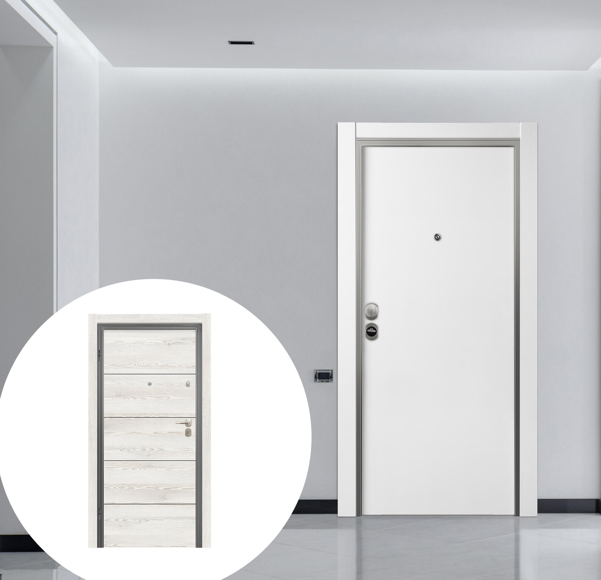 Puerta de entrada acorazada serie omega liso blanco / interior berna fresada pino blanco apertura derecha 206x92cm
