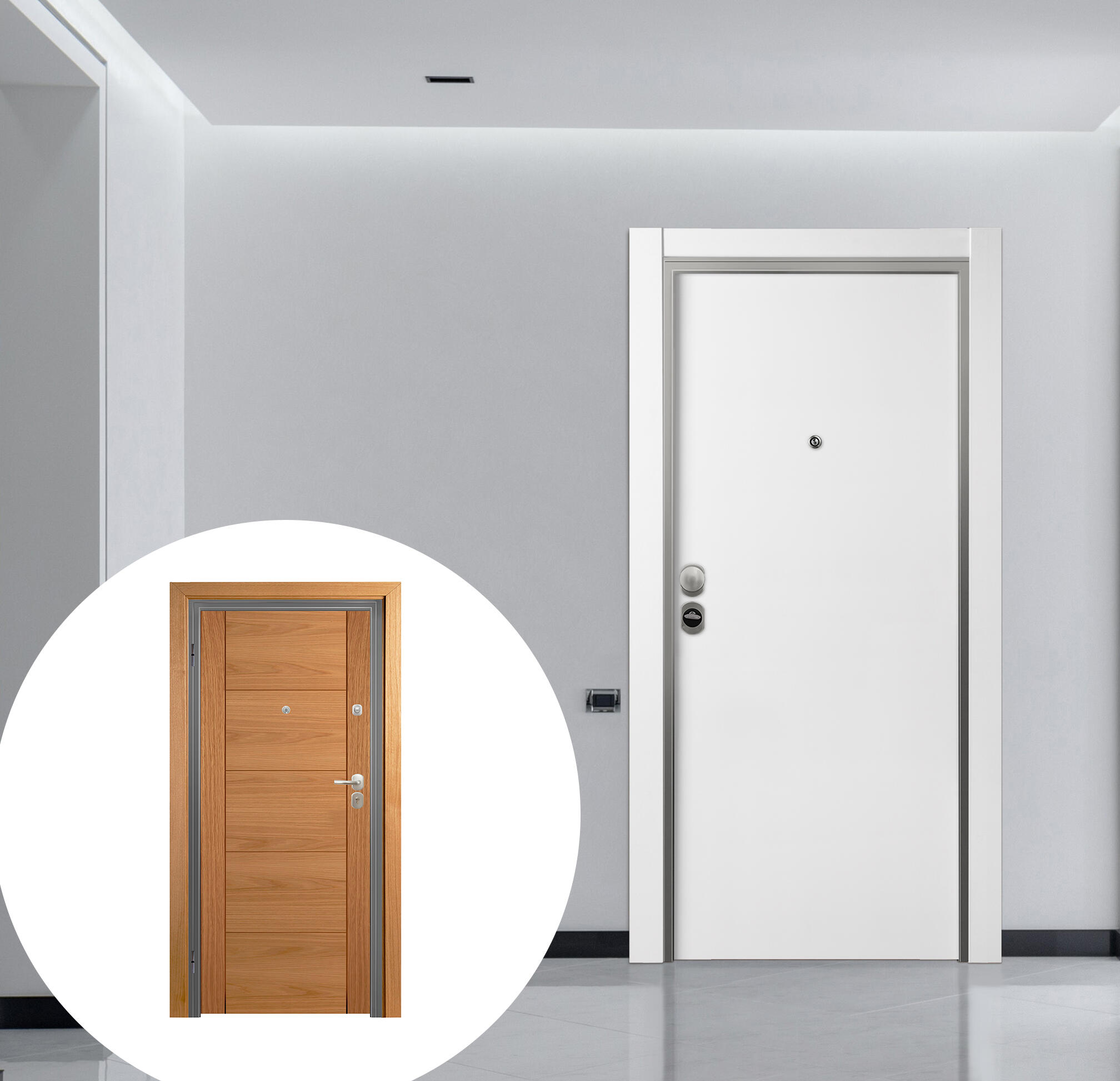 Puerta entrada acorazada omega lisa blanco/noruega roble derecha 206x92cm
