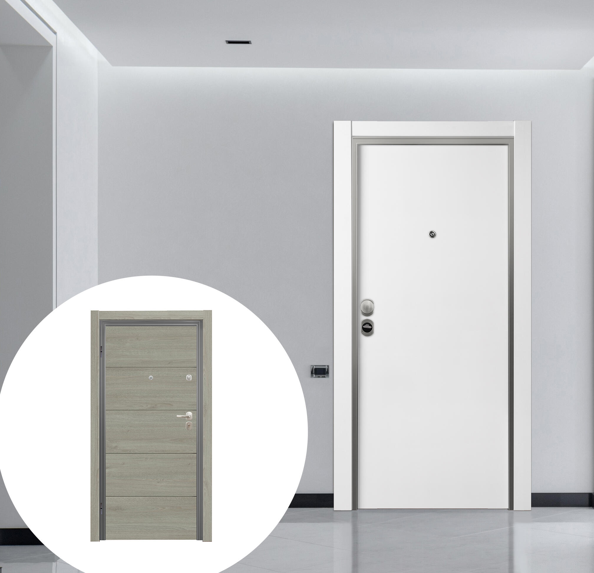 Puerta de entrada acorazada serie omega liso blanco / interior berna vila fresada gris apertura derecha 206x92cm