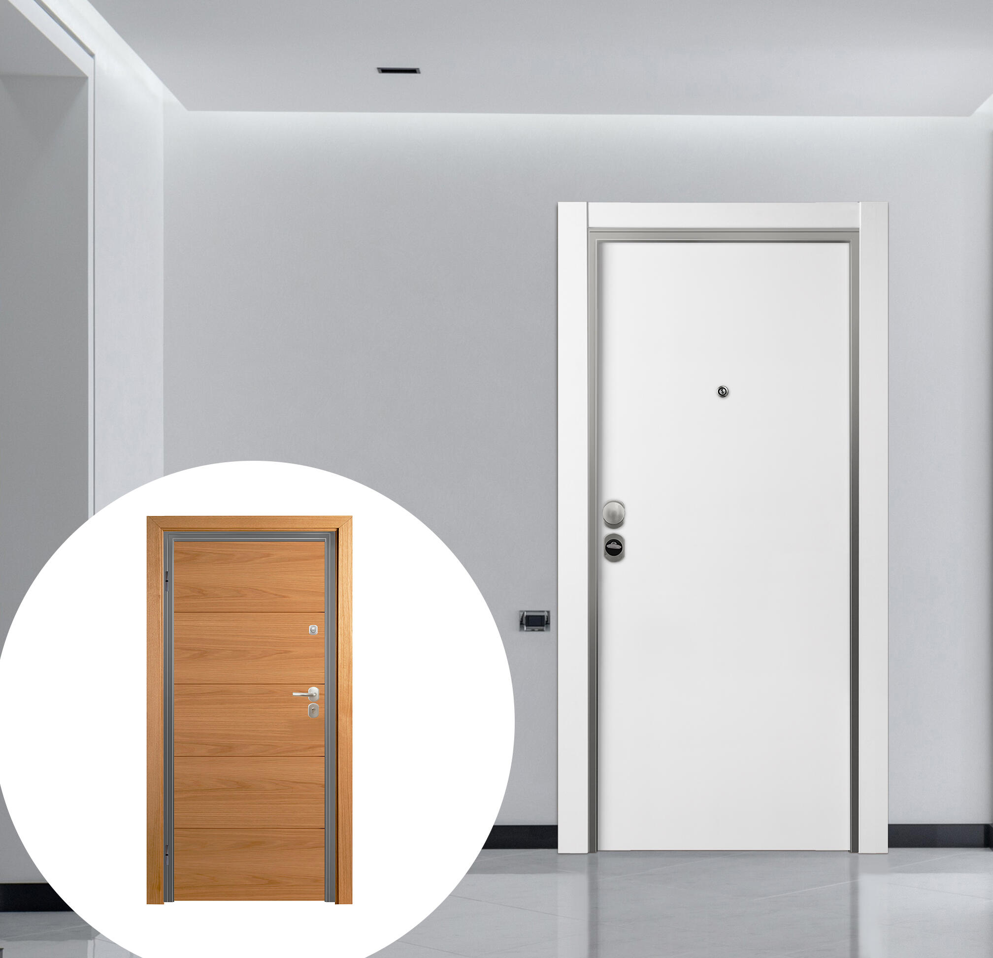 Puerta de entrada acorazada serie omega liso blanco / interior viena fresada roble apertura izquierda 206x92cm