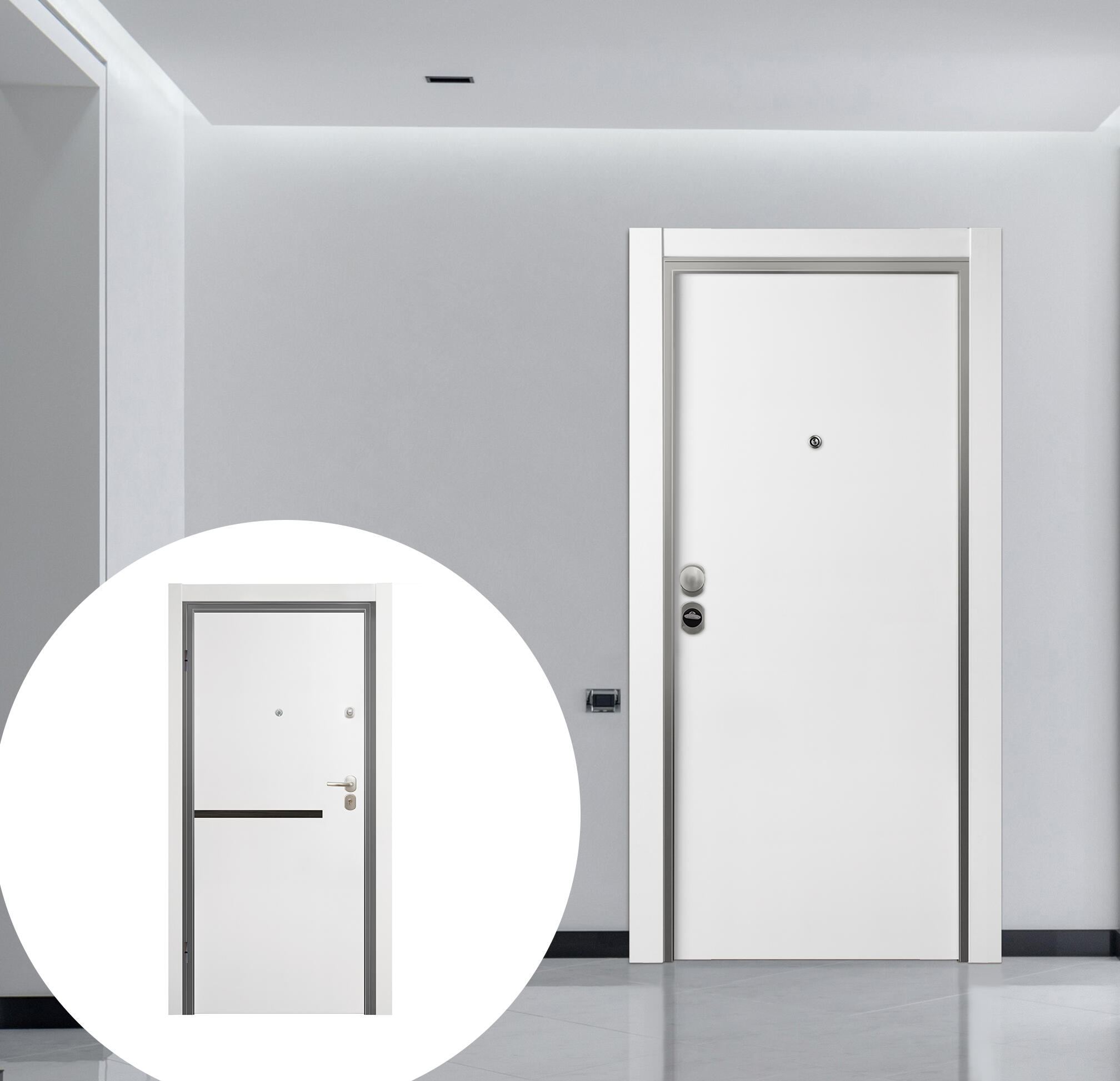 Puerta de entrada acorazada serie omega liso blanco / interior denver carbon liso blanco apertura derecha 206x92cm
