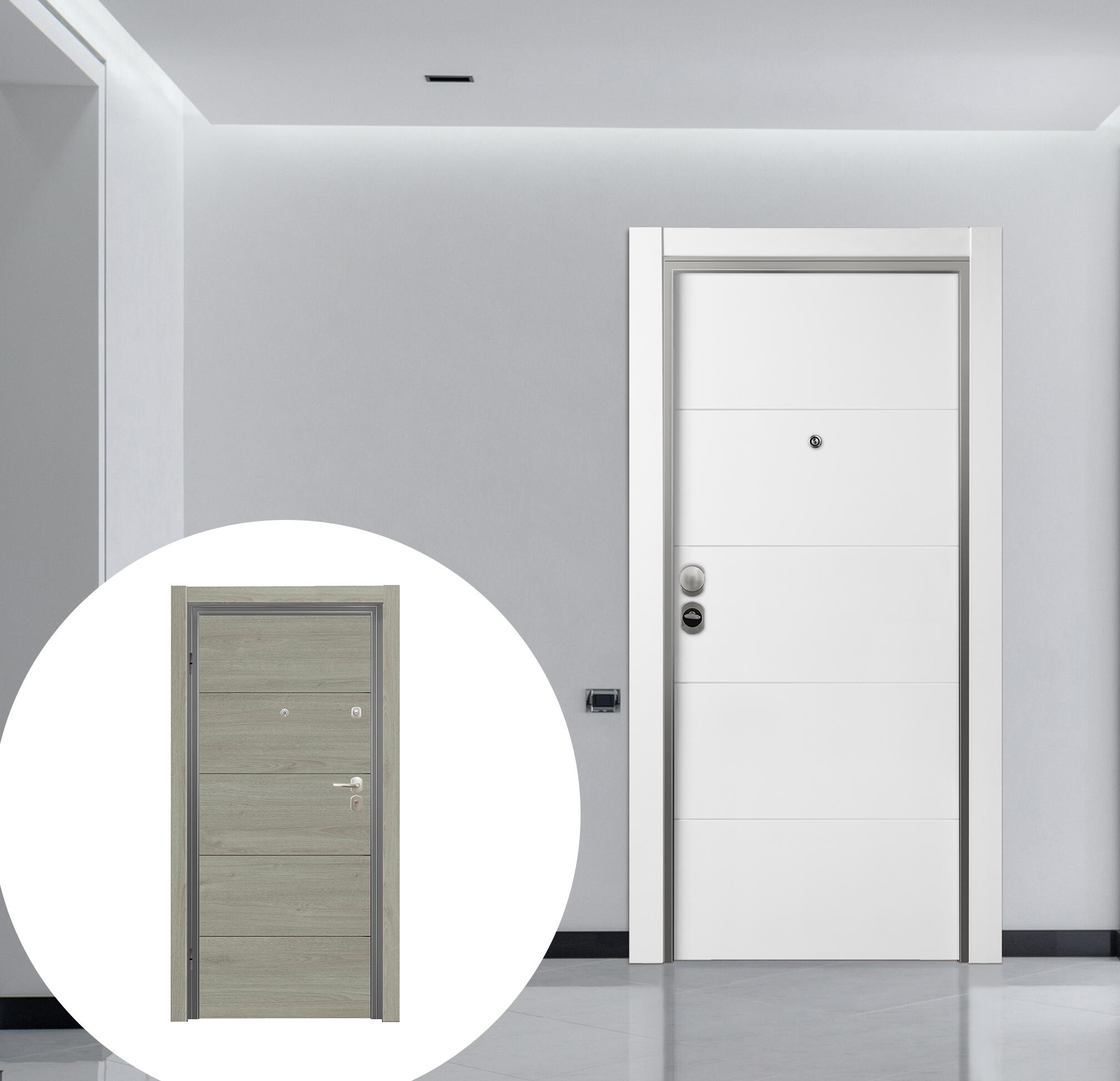 Puerta de entrada acorazada serie omega fresada blanco / interior berna vila fresada gris apertura derecha 206x92cm