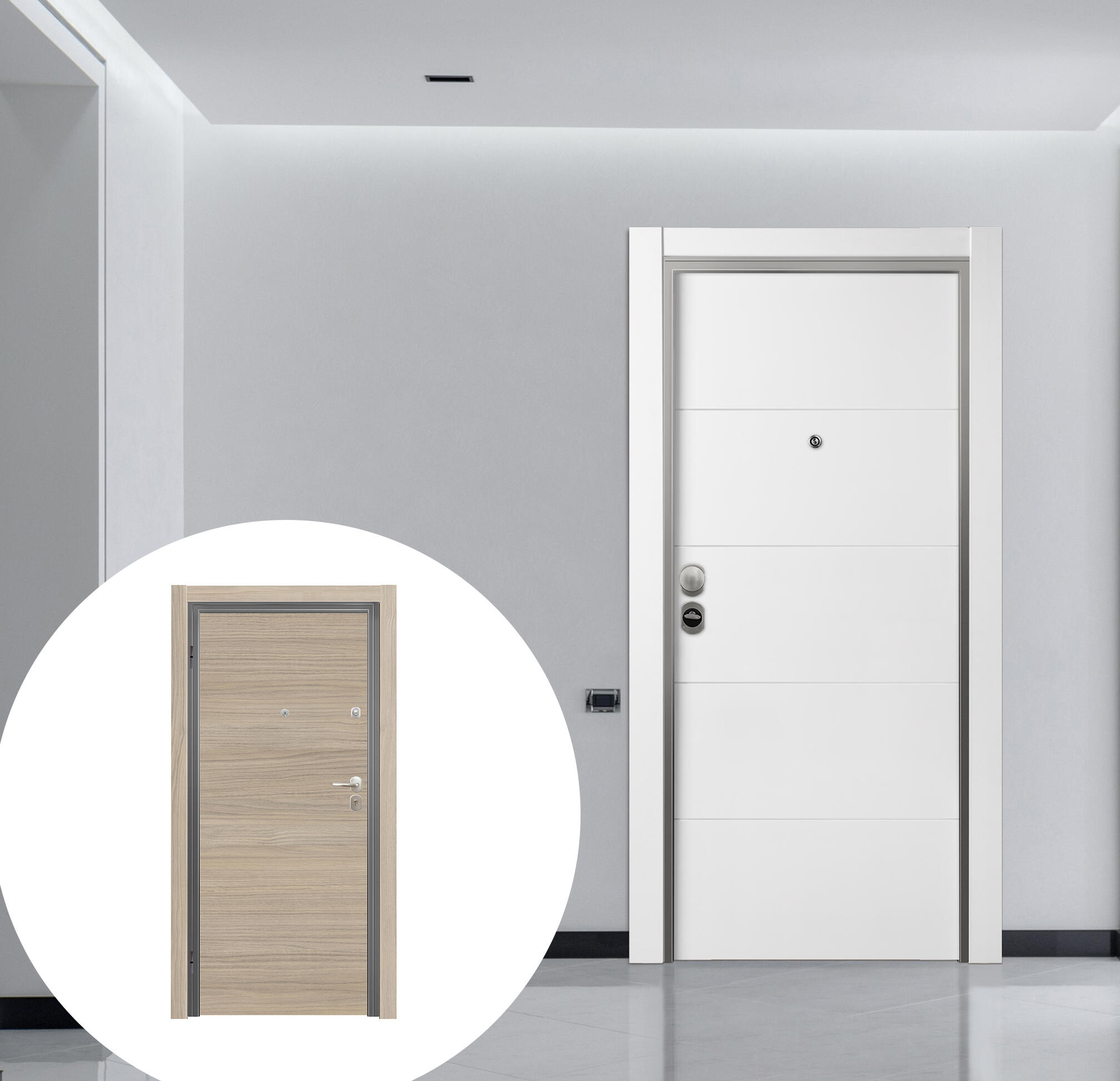 Puerta de entrada acorazada serie omega fresada blanco / interior oslo loft liso gris apertura derecha 206x92cm