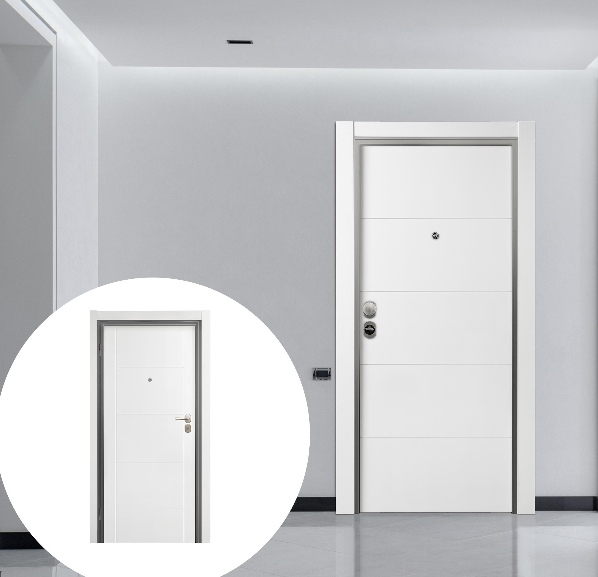 Puerta de entrada acorazada serie omega fresada blanco / interior noruega fresada blanco apertura izquierda 206x92cm