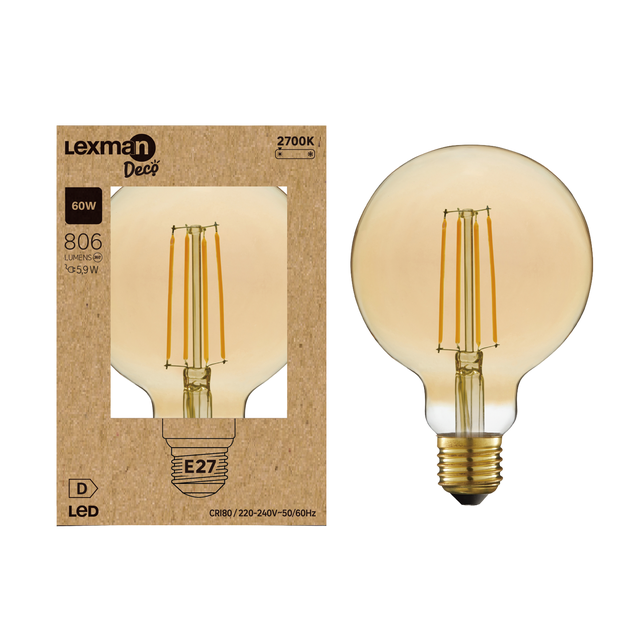 Bombilla decorativa LED filamento E27 forma globo 806 lúmenes 5.9W color de la luz blanco cálido 2700K CRI 89-80 luz natural y fiel  clase energética D