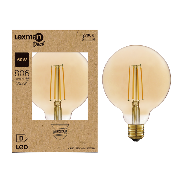 Bombilla decorativa LED filamento E27 forma globo 806 lúmenes 5.9W color de la luz blanco cálido 2700K CRI 89-80 luz natural y fiel clase energética D