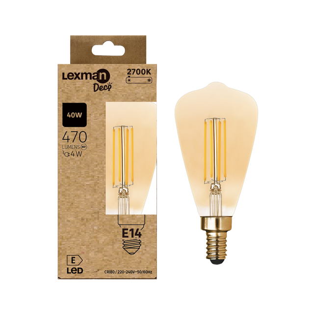 Bombilla decorativa LED filamento E14 forma Edison 470 lúmenes 4W color de la luz blanco cálido 2700K CRI 89-80 luz natural y fiel  clase energética E