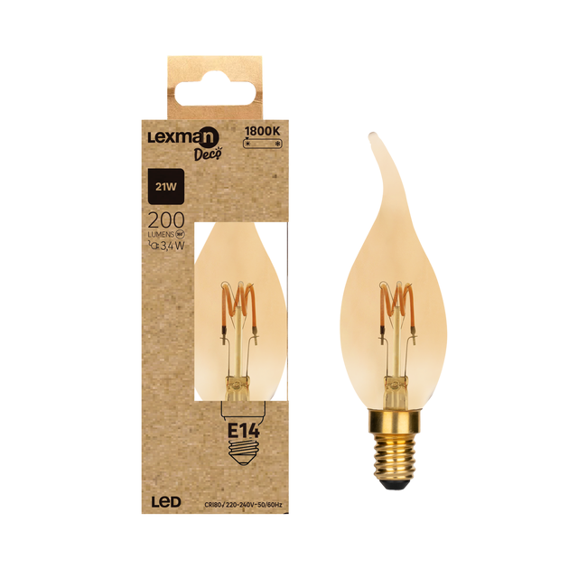 Bombilla decorativa LED filamento E14 forma vela 200 lúmenes 3.4W color de la luz blanco cálido 1800K CRI 89-80 luz natural y fiel