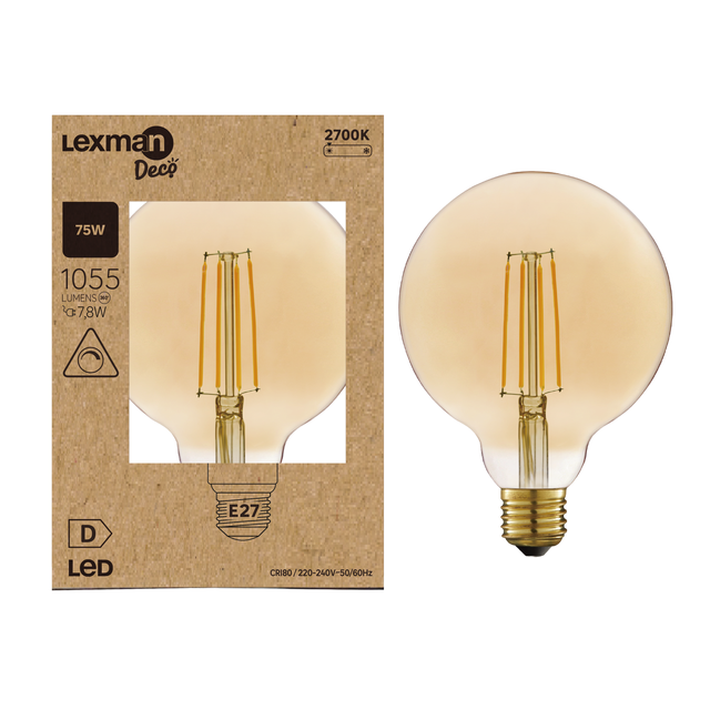 Bombilla decorativa LED filamento E27 forma estándar 1055 lúmenes 7.8W color de la luz blanco cálido 2700K CRI 89-80 luz natural y fiel clase energética D