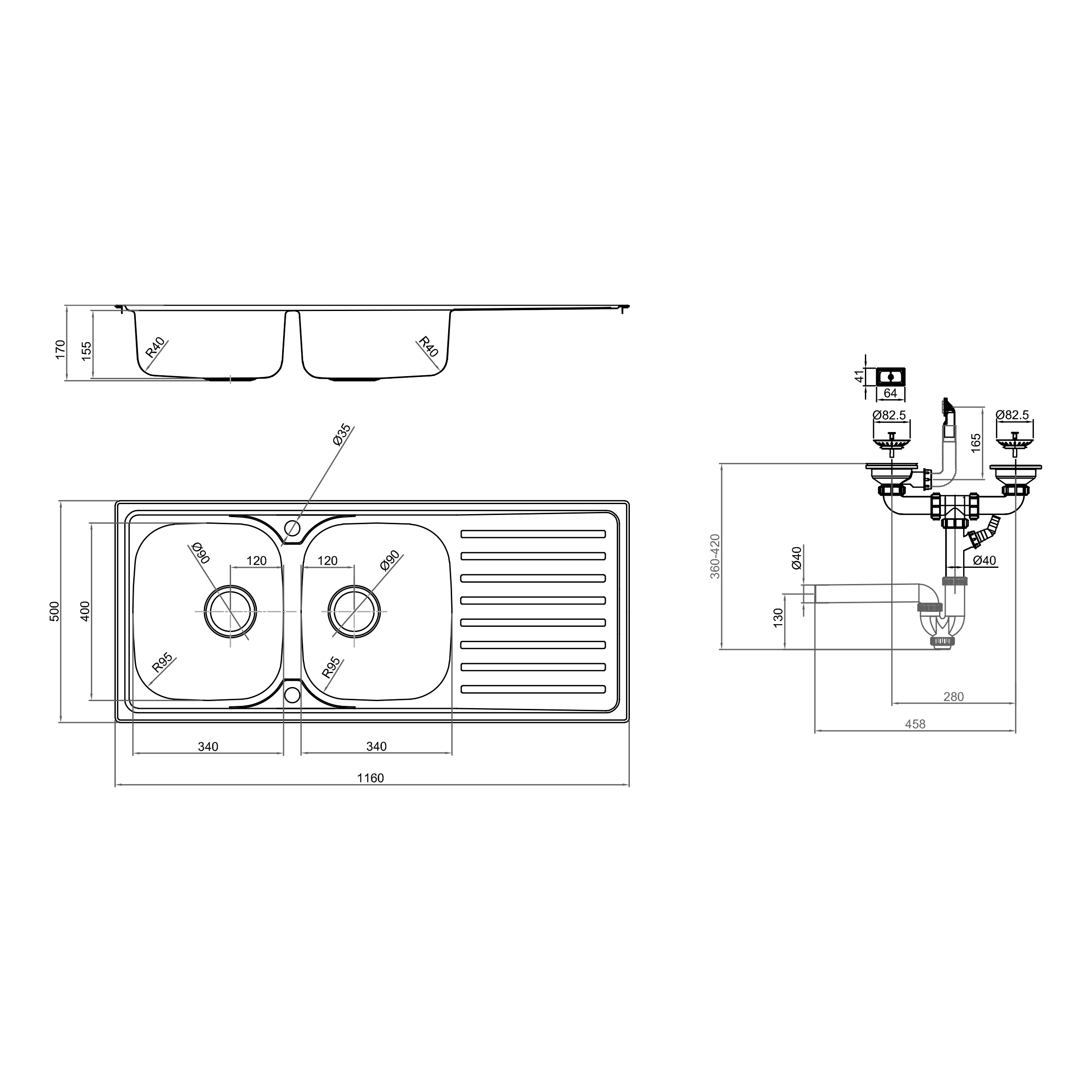 Evier à encastrer 2 bacs avec égouttoir, ESSENTIEL, Inox anti-rayures - 4