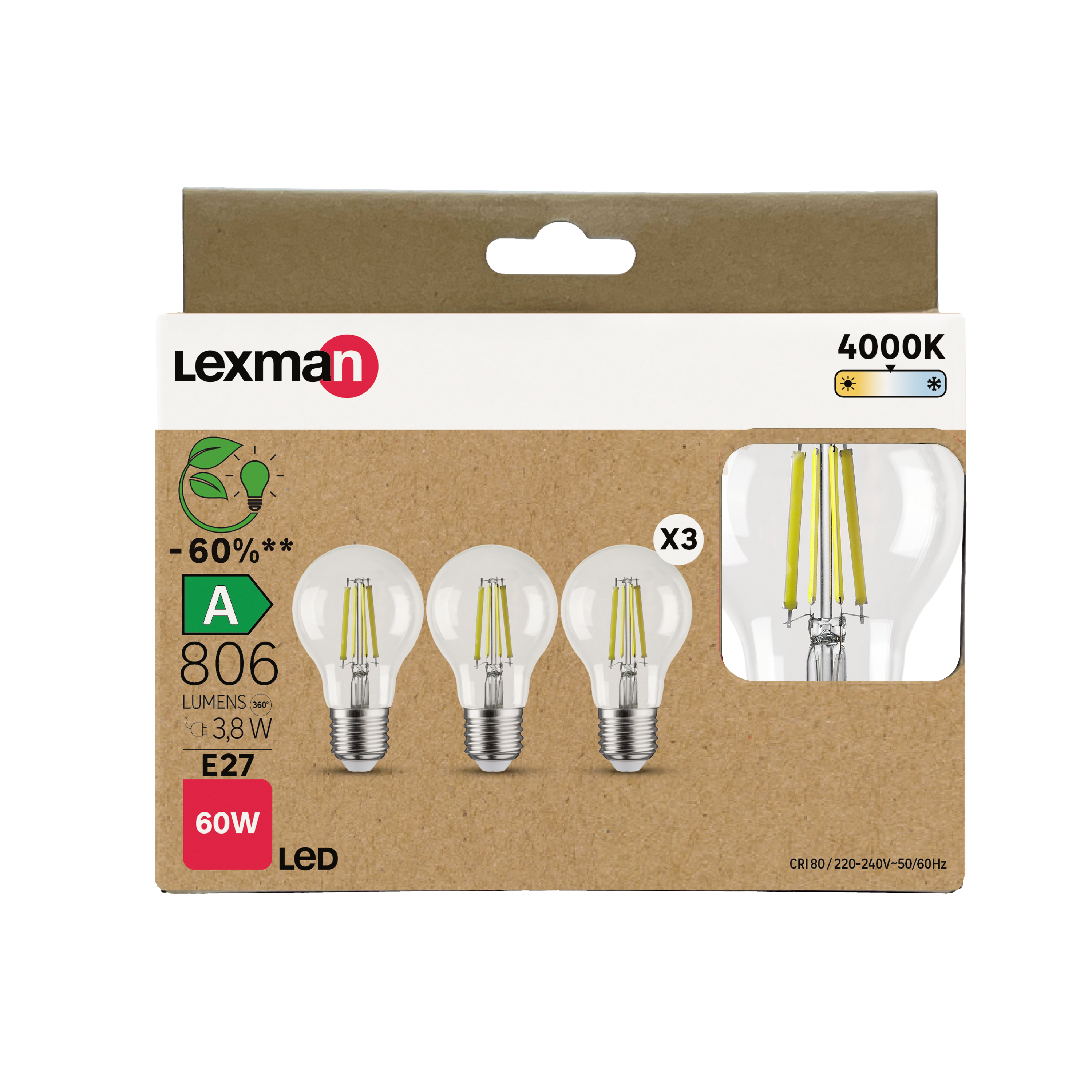 Żarówka LED 3 szt. E27 3,8 W 806 lm Neutralna biel Lexman - 2