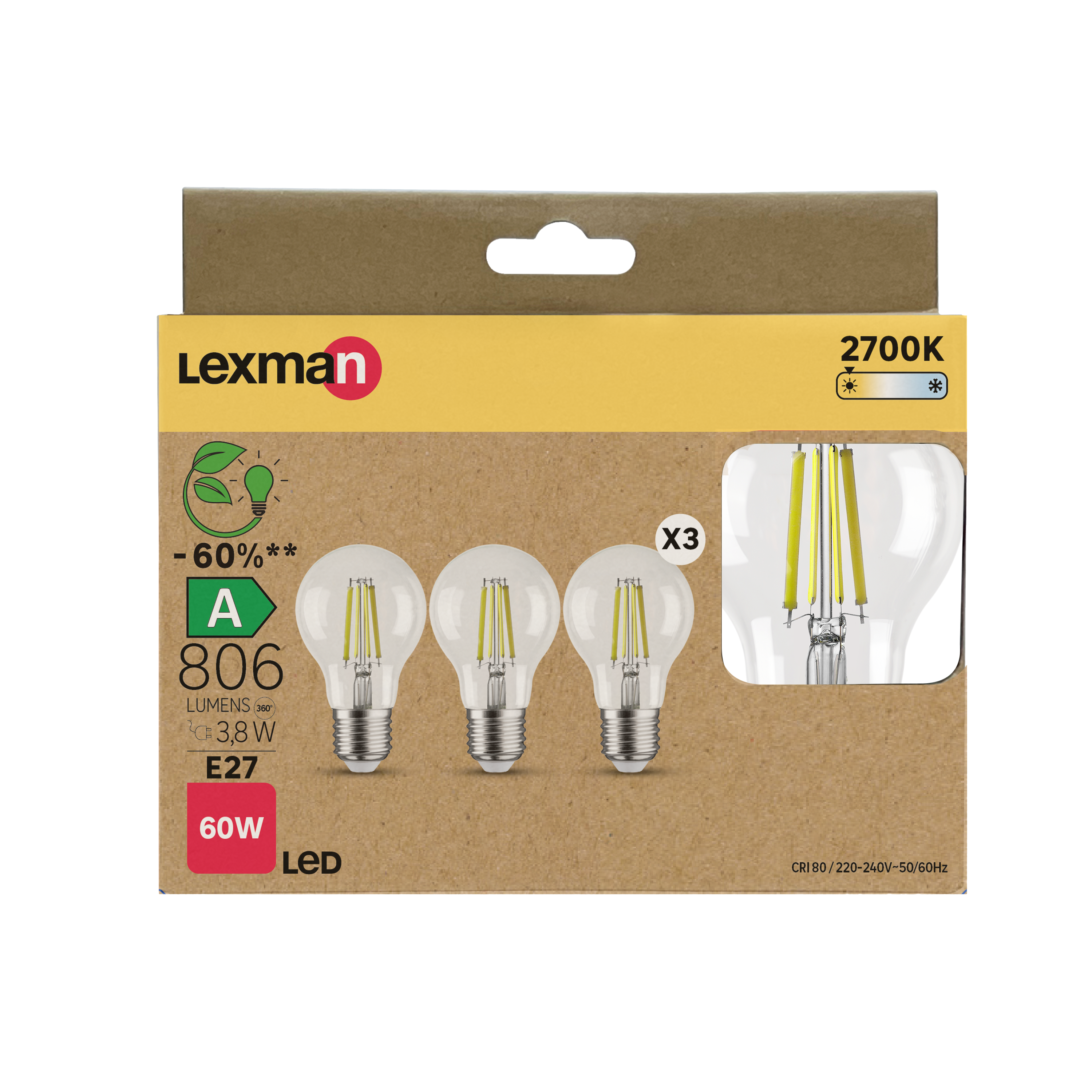 Pack de 3 bombillas LED filamento E27 estándar 806 lm blanco cálido Clase A - 2