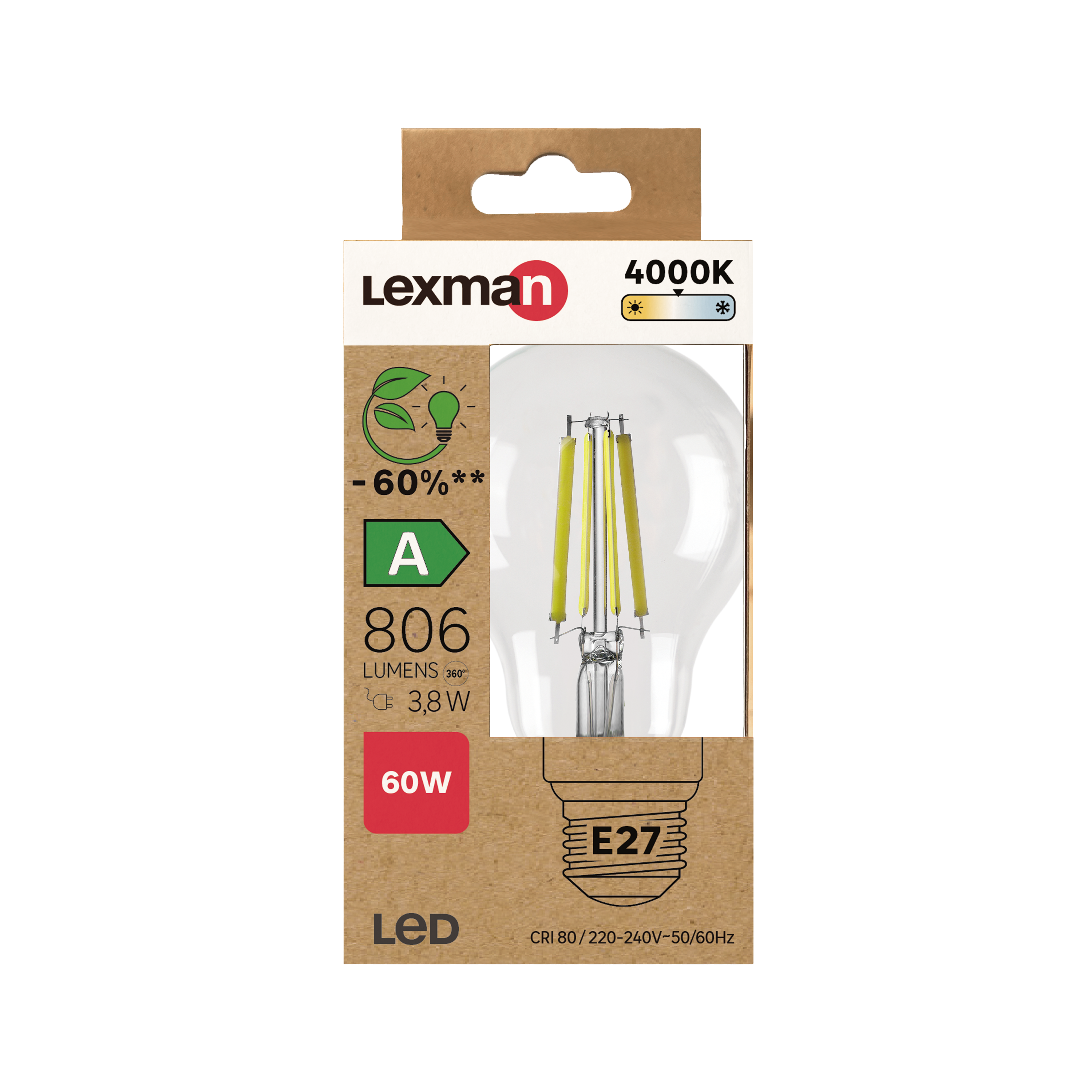 Bombilla LED filamento E27 clase A (mayor ahorro energético) 806 lúmenes 3.8W color de la luz blanco neutro 4000K CRI 89-80 luz natural y fiel - 4