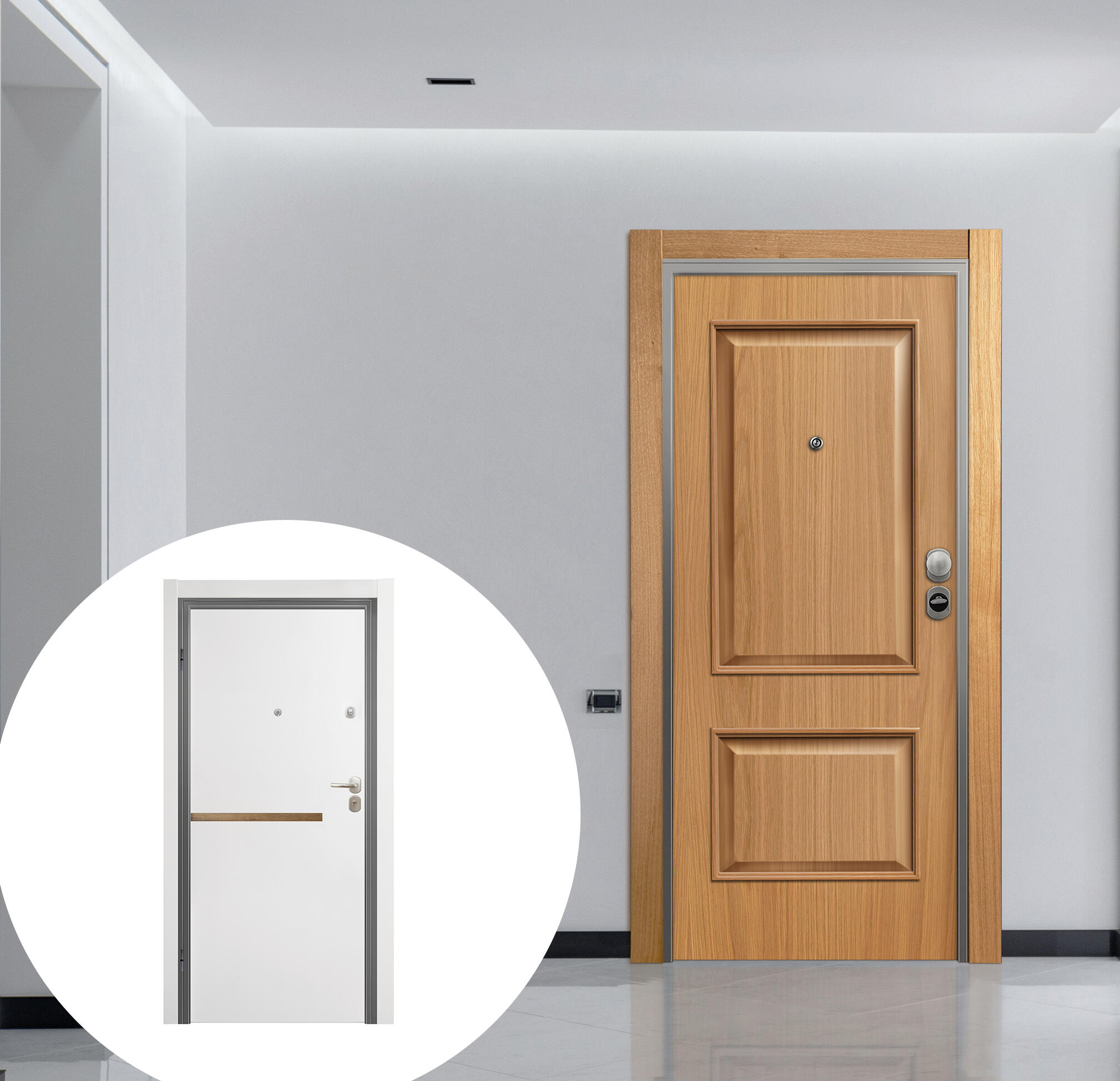 Puerta de entrada acorazada serie omega dos cuadros roble / interior denver gold liso blanco apertura derecha 206x92cm