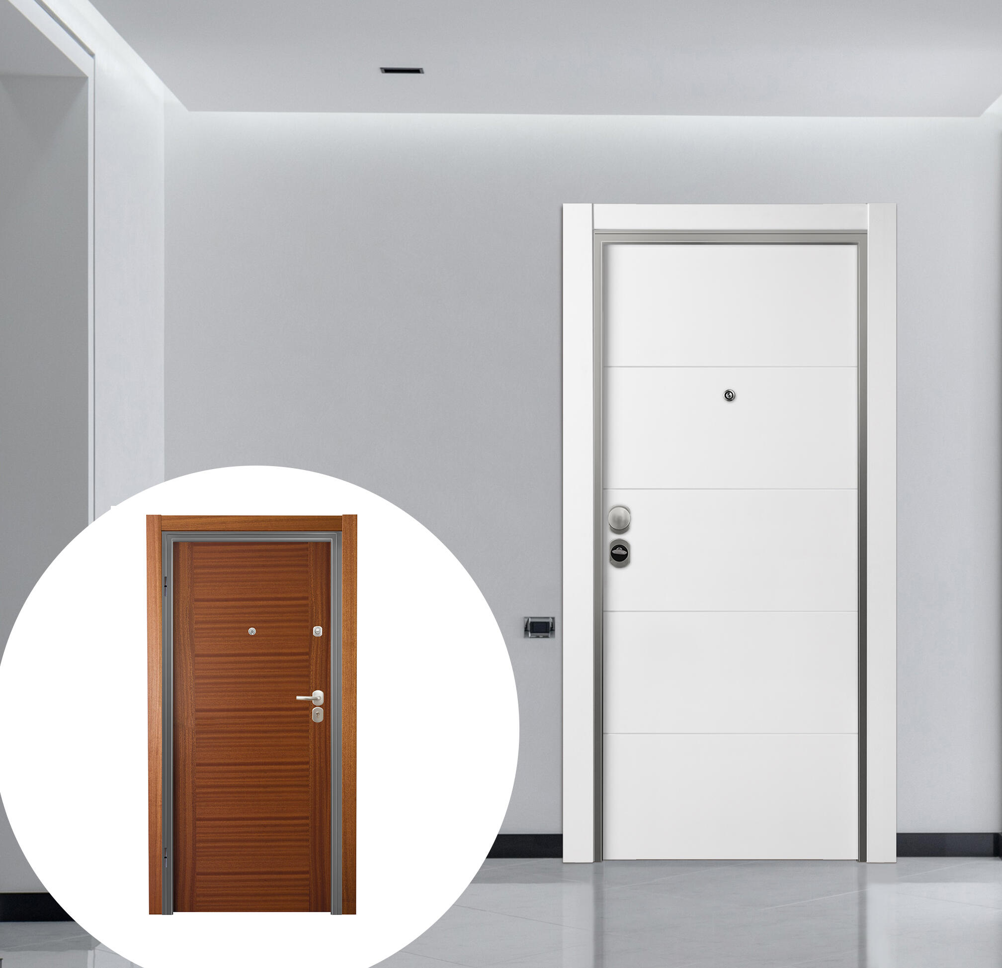 Puerta de entrada acorazada serie omega fresada blanco / interior niza liso sapelly apertura izquierda 206x92cm