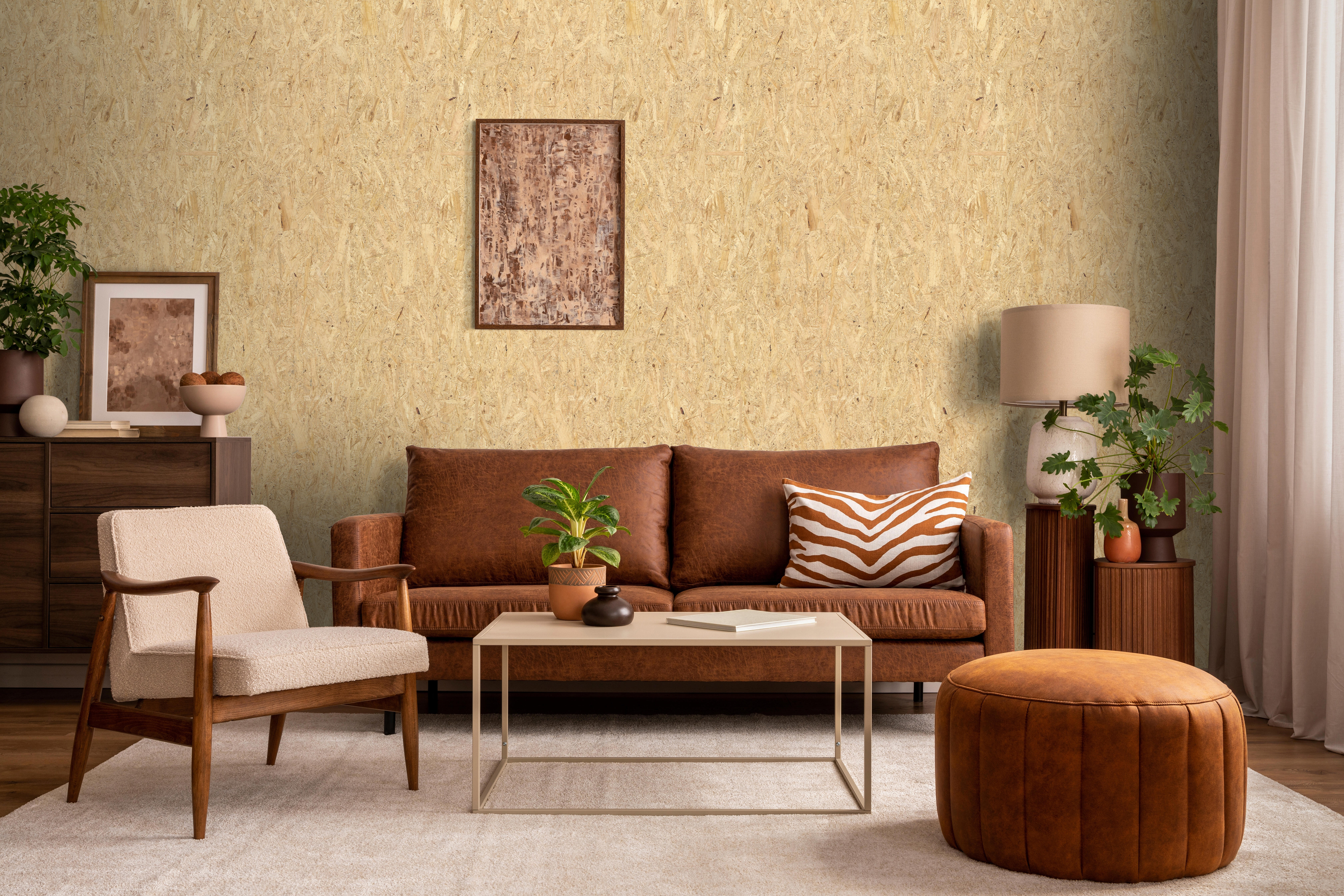 Revestimiento de pared decorativo efecto madera de pvc bariwall osb de beige de 260x33.3cm