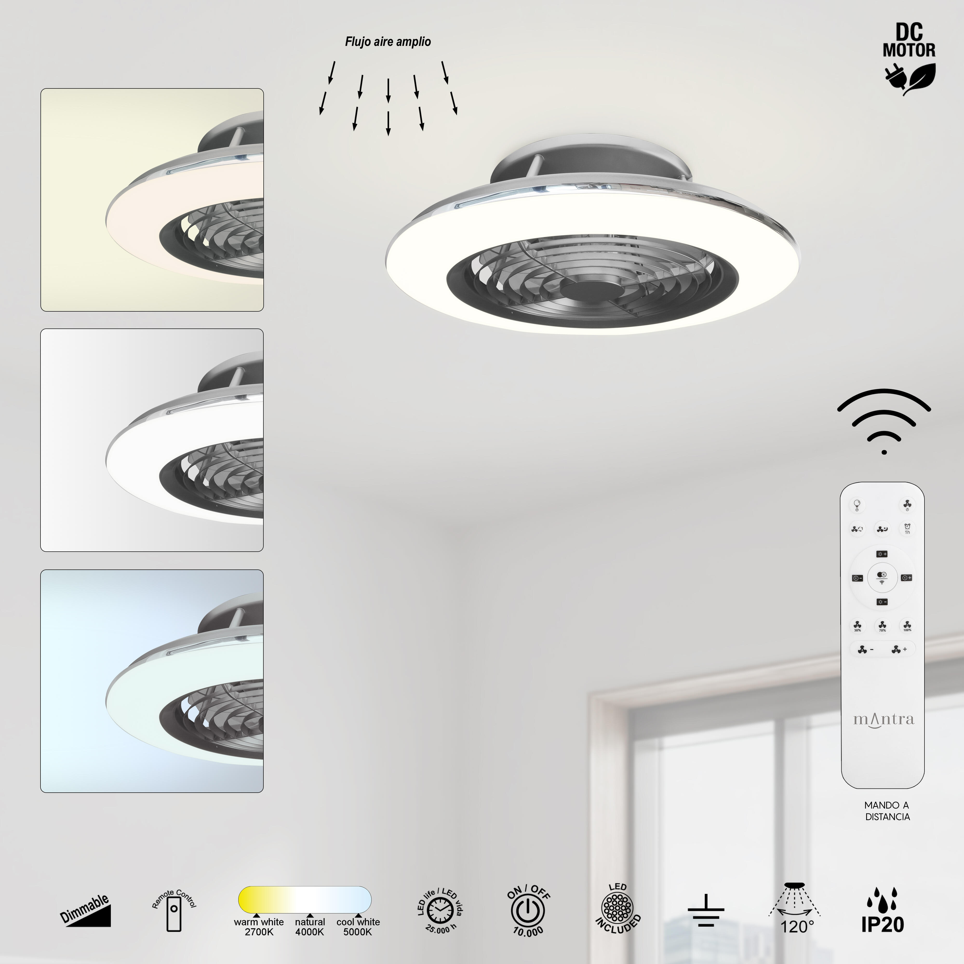 Ventilador de techo con luz sin aspas silencioso DC con mando MANTRA Alisio gris ø52.5 cm invierno/verano color luz regulable - 7