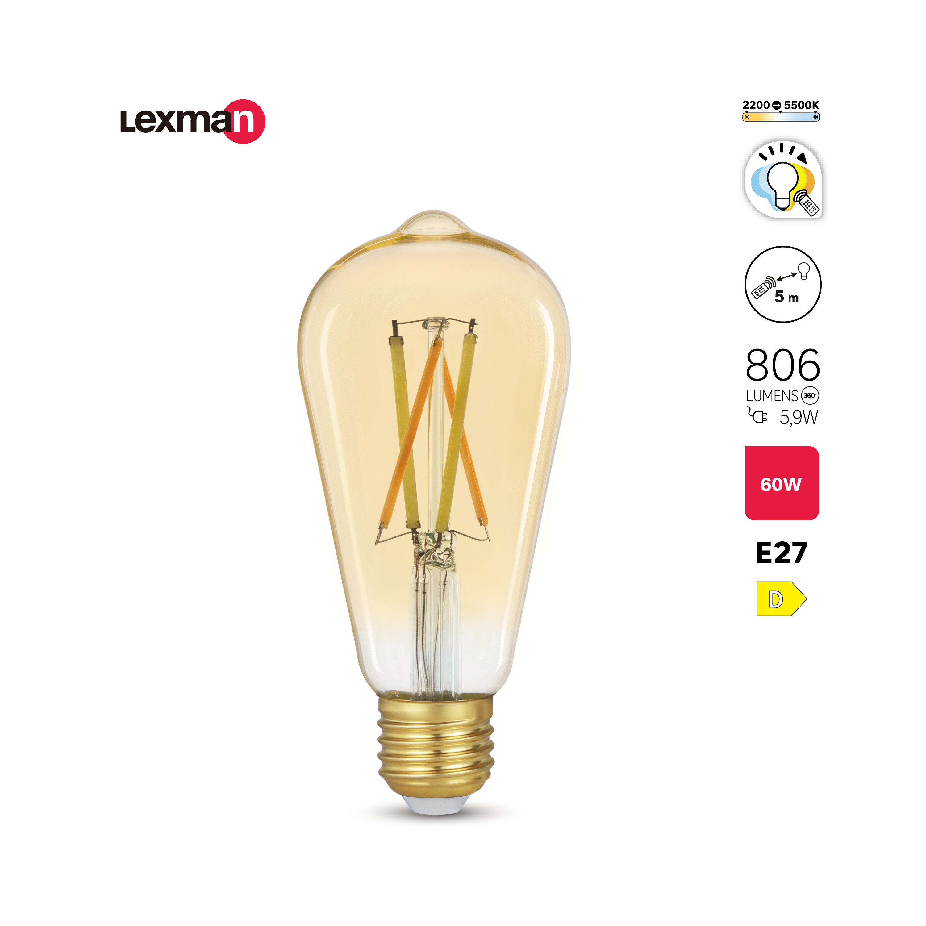 Ampoule led à télécommande, Edison E27, 806lm = 60W, variation de blancs, LEXMAN - 2