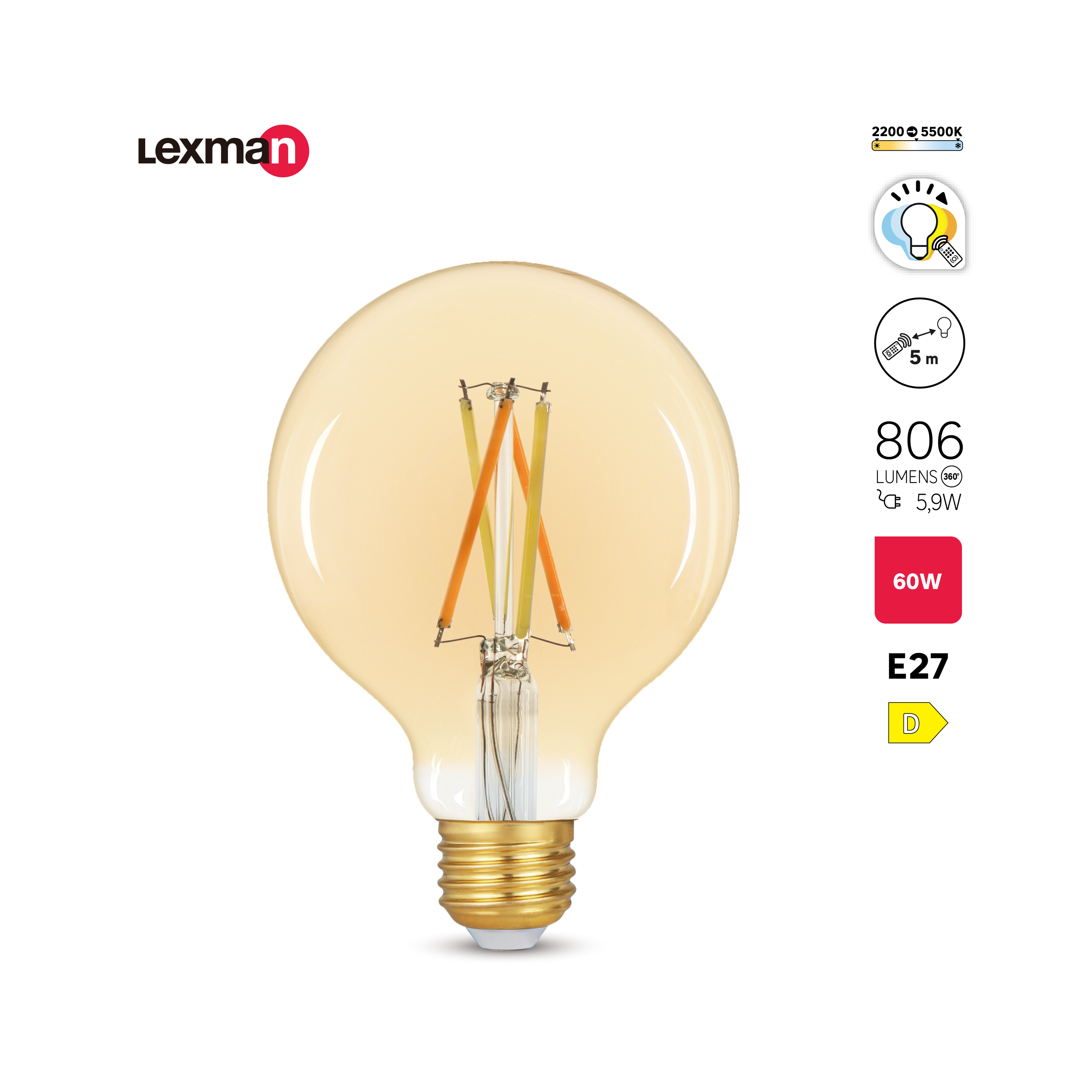 Ampoule led à télécommande, globe 95mm E27, 806lm, variation de blancs, LEXMAN - 2