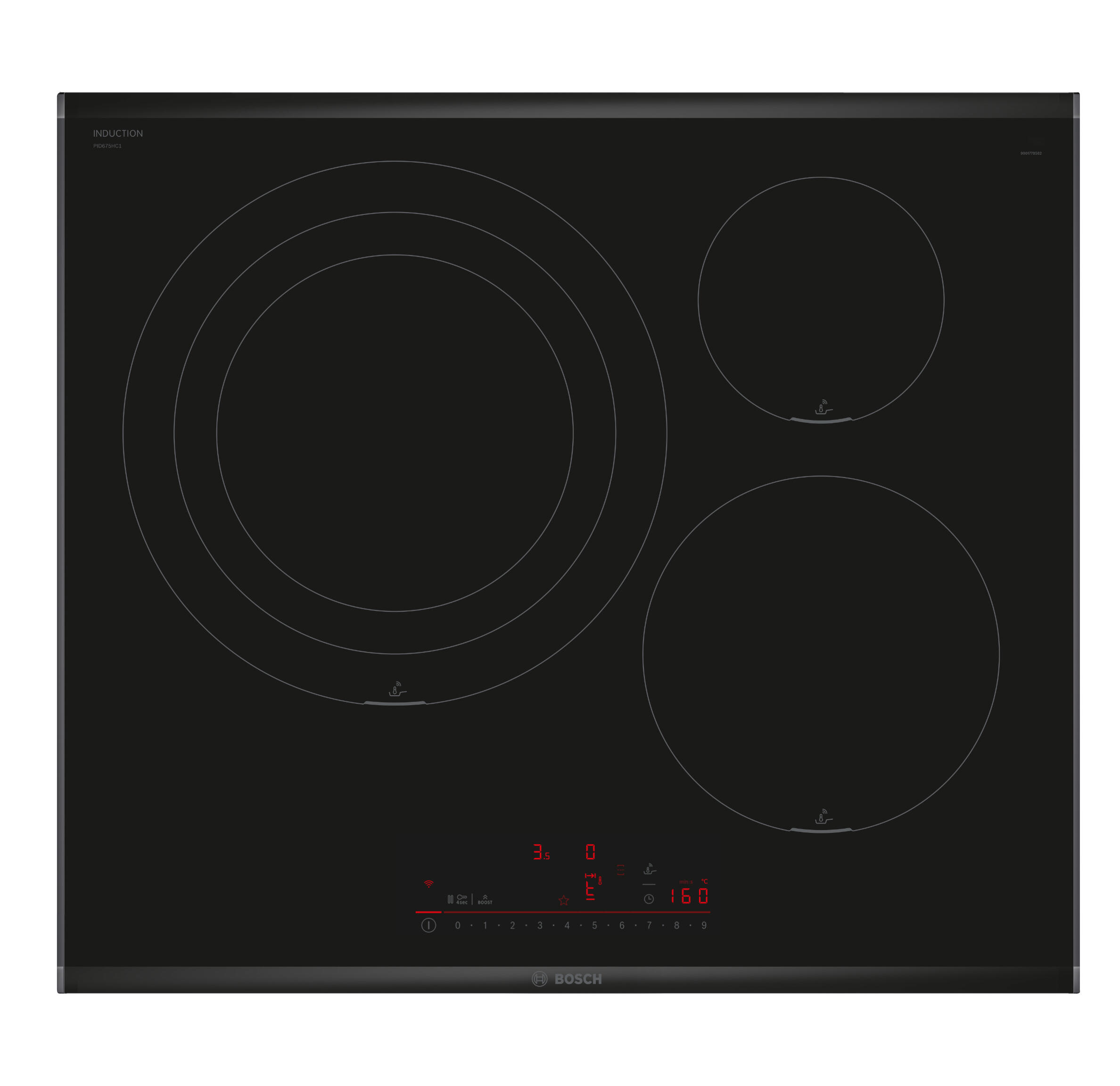 placa de induccion bosch pid675hc1e con 3 zonas de coccion zona grande de 30cm 7400 w negro 60cm