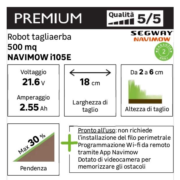 Robot tagliaerba NAVIMOW SEGWAY i105E 500 MQ senza filo perimetrale larghezza di taglio 18 cm - 7