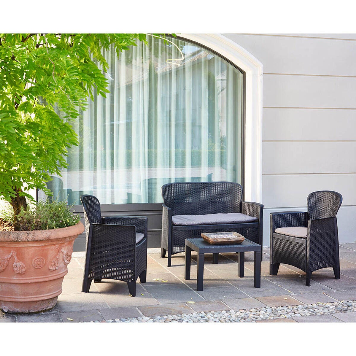 Conjunto de jardín rattan antracita de 4 plazas