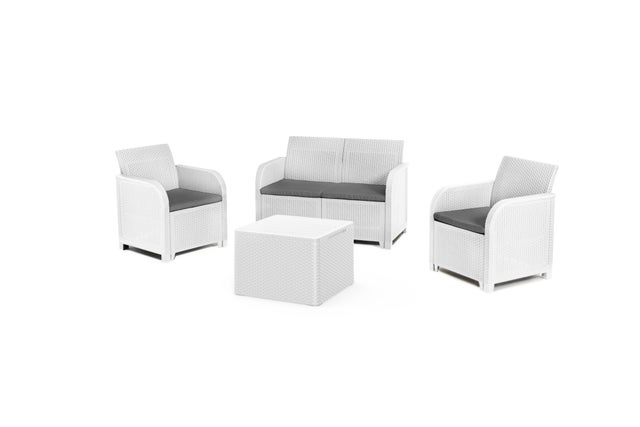 Salotto da giardino per 4 persone bianco ROSALIE KETER con cuscini grigi