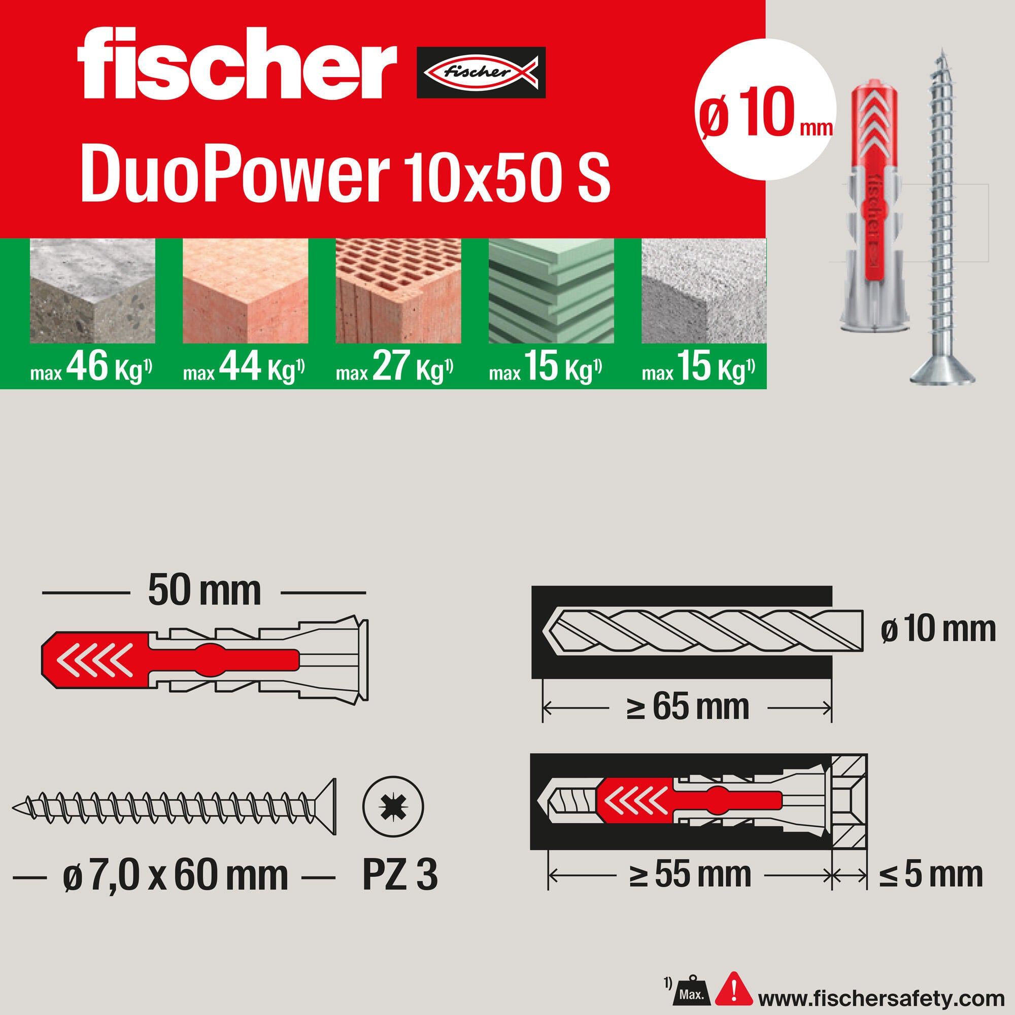 Set di tasselli  con vite FISCHER DUOPOWER 10 S Y  in nylon 10 pezzi - 8