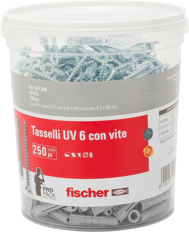 Set di tasselli con vite FISCHER UV 6 S in nylon ø 6x30 mm, 250 pezzi