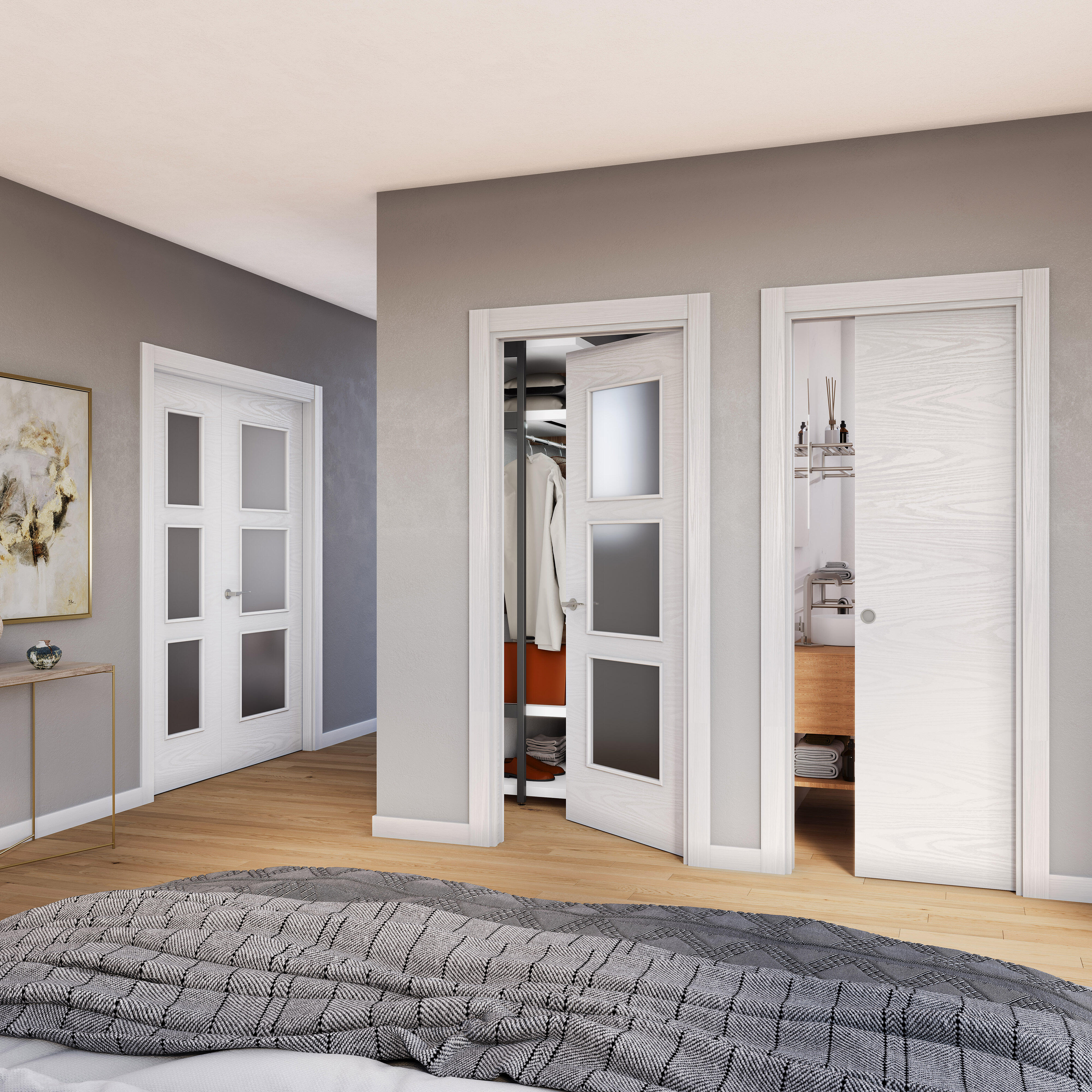 Puerta de interior abatible doble con cristal maciza lacada Line Plus Bari Lagos blanco veteado apertura derecha cerco de 7x3 anchura 145cm - 2