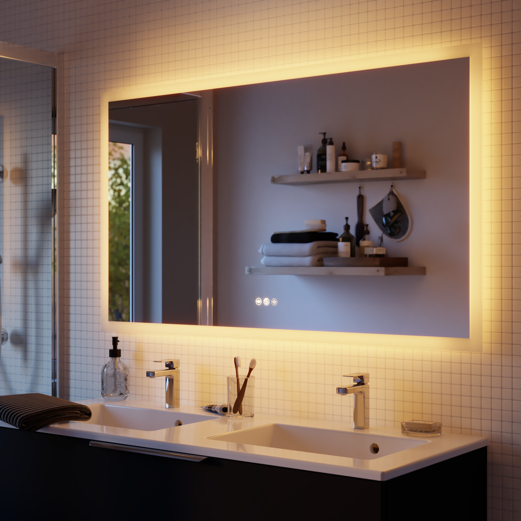 Espejo de baño con luz led ambiente, frontal neo line con antivaho, táctil 120x70cm