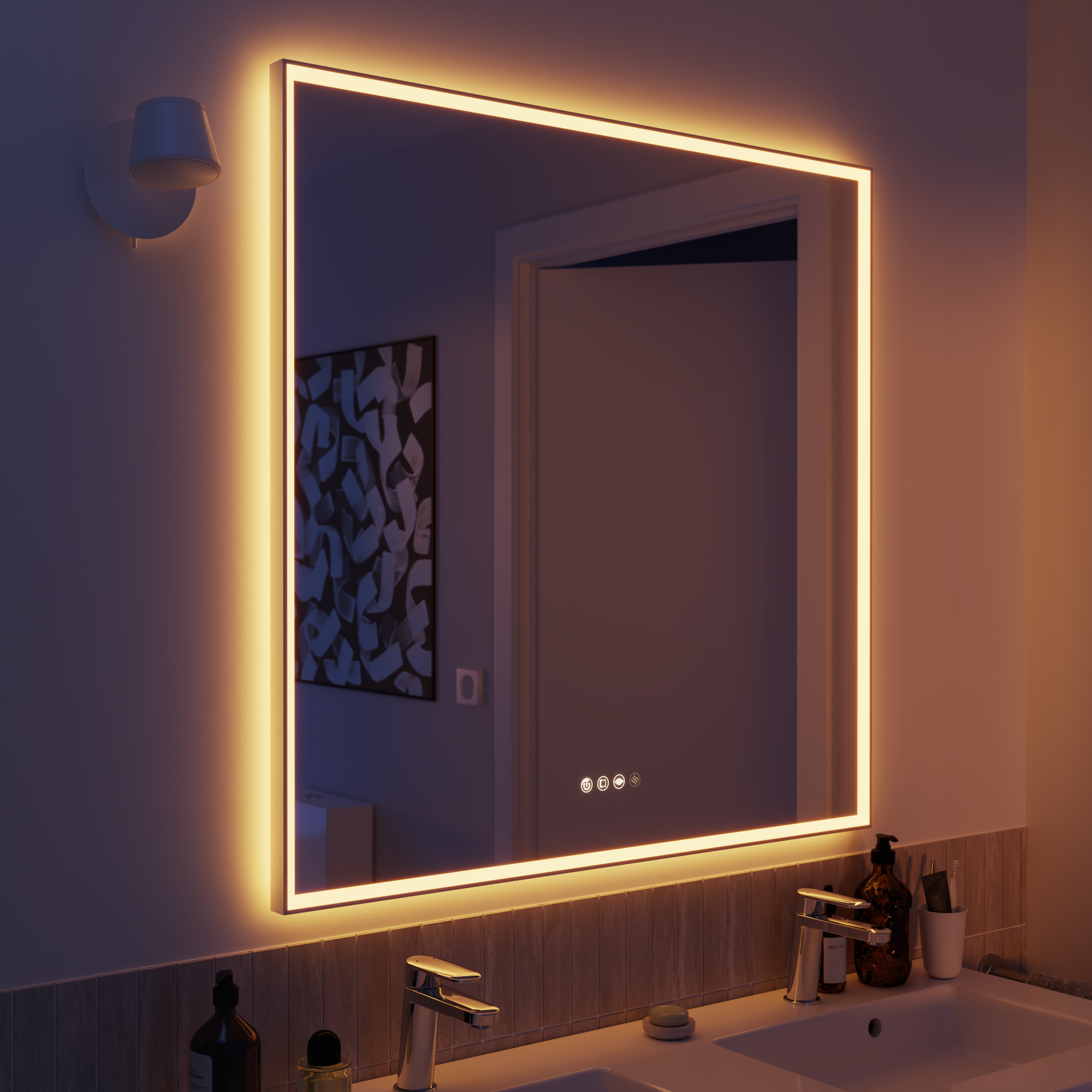 Espejo de baño con luz led ambiente, frontal, , new frame con antivaho, táctil 90x90cm