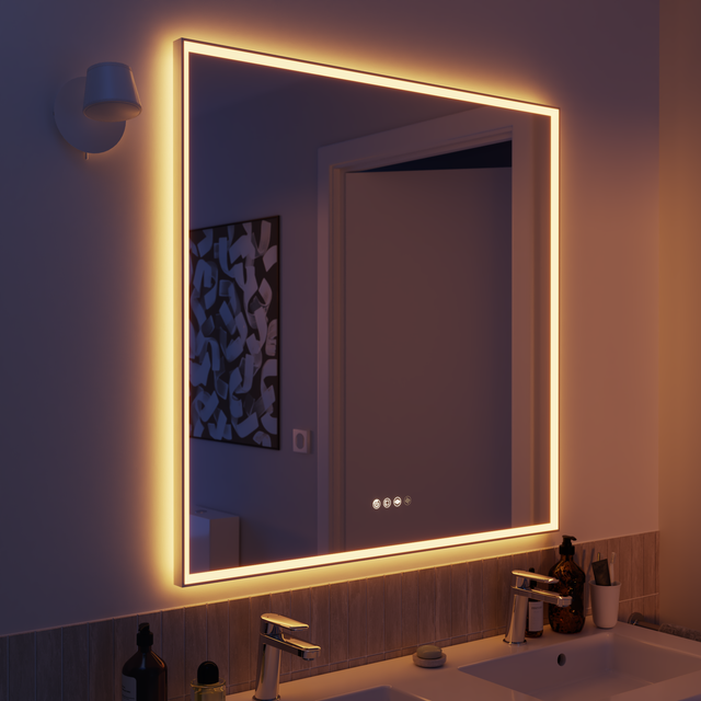 Espejo de baño cuadrada con luz LED ambiente New Frame 90x90 cm con antivaho, táctil color plata