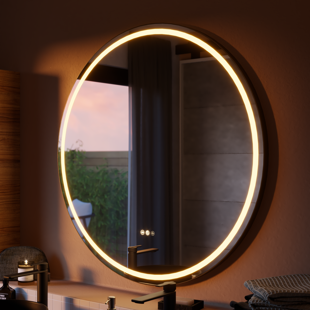 EMKE Miroir lumineux salle de bain rond diamètre 80cm cadre noir, Sangle réglable, Miroir LED, Interrupteur Tactile, Anti-buée, 3 couleurs Lumières | Leroy Merlin