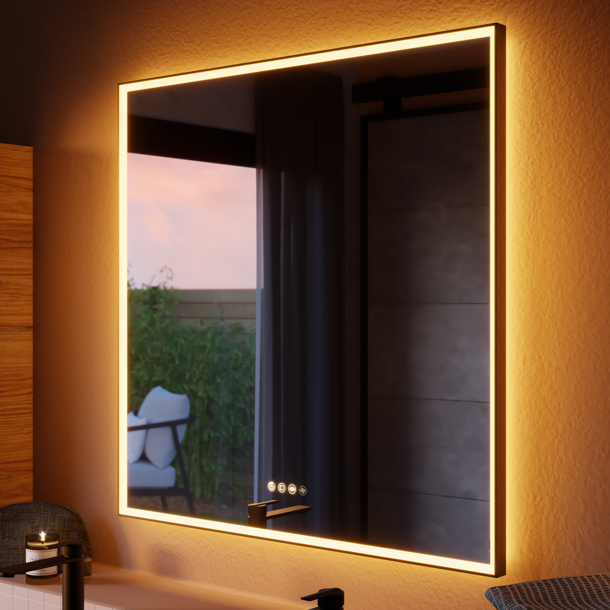 Espejo de baño con luz led ambiente, frontal, , new frame negro con antivaho, táctil 90x90cm