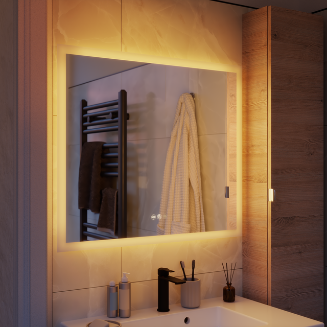Espejo de baño rectangular con luz LED ambiente y funcional Neo Line 80x70 cm con antivaho, táctil