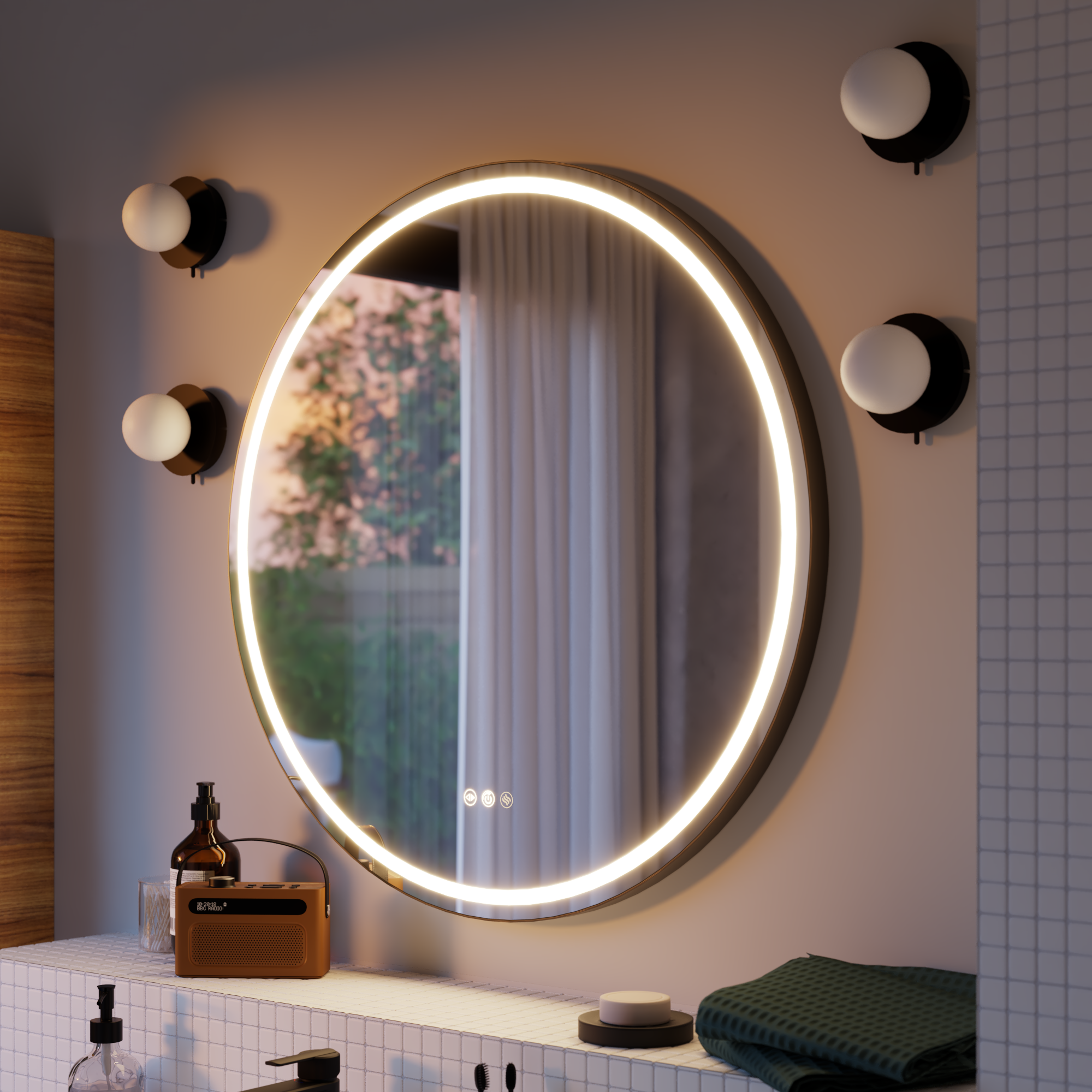 Espejo de baño con luz led maquillaje, remix negro con antivaho, táctil 80x80 cm