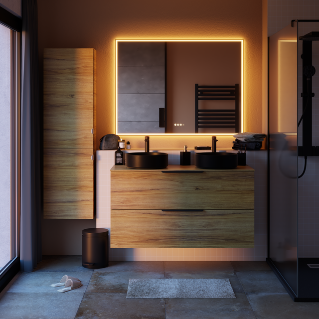 Espejo de baño rectangular con luz LED ambiente New Frame 120x90 cm con antivaho, táctil color negro