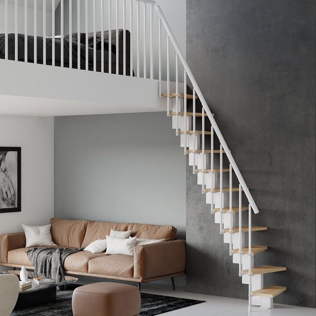 Scala a rampa passo giapponese Saba IRIS, larghezza 60 cm, struttura in acciaio bianco, gradini in legno pino, colore faggio