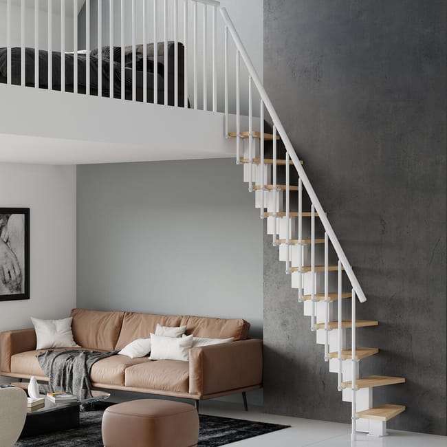 Leroymerlin Scala a rampa passo giapponese Saba larghezza 60 cm struttura in metallo bianco gradini in legno legno colorato chiaro